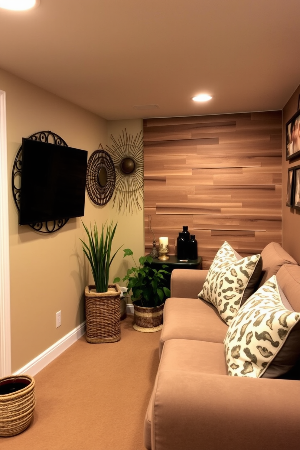 A cozy basement retreat featuring earthy tones in wall decor and paint. The walls are adorned with textured wood panels and warm beige paint, creating a welcoming atmosphere.