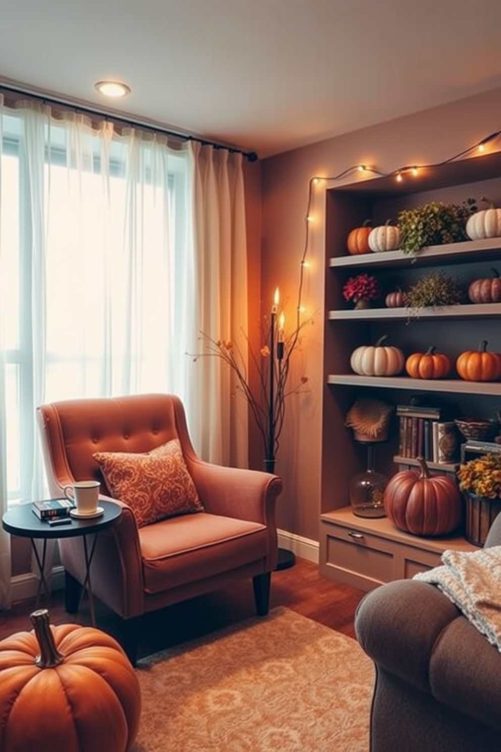 Cozy reading nook with a chair. The nook features a plush armchair upholstered in soft fabric, positioned next to a large window with sheer curtains allowing natural light to filter in. A small side table holds a stack of books and a steaming cup of tea. The walls are painted in warm, inviting tones, complemented by a soft area rug that adds warmth to the space. Fall basement decorating ideas. The basement is adorned with rich autumn colors, including deep reds and oranges, creating a cozy atmosphere perfect for relaxation. Decorative pumpkins and gourds are placed on shelves, while warm lighting from string lights adds a festive touch.