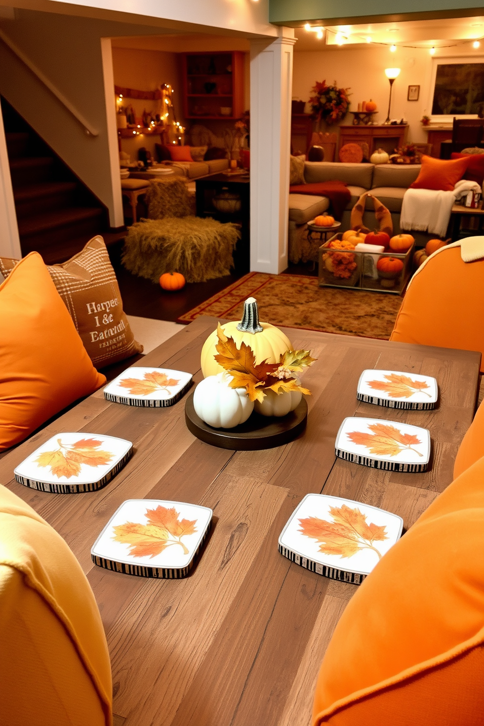 A cozy fall-themed setting with decorative coasters featuring autumn leaves and pumpkins placed on a rustic wooden table. Surrounding the table, warm-toned cushions and blankets create an inviting atmosphere perfect for enjoying the season. The basement is transformed into a fall retreat with soft lighting and rich, earthy colors. Decorative elements such as hay bales, gourds, and string lights enhance the festive ambiance while providing a comfortable gathering space.