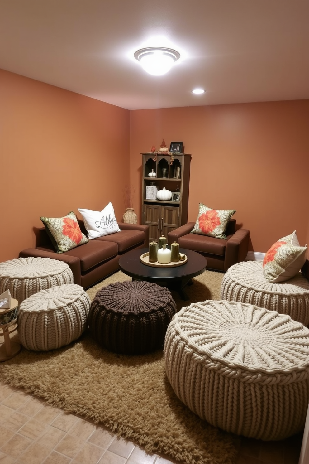 A cozy basement space featuring knitted poufs arranged around a low coffee table. The walls are painted in warm earth tones, and soft lighting creates an inviting atmosphere. Decorative elements include autumn-themed throw pillows and a plush area rug to enhance comfort. A small bookshelf filled with seasonal decor adds a personal touch to the space.