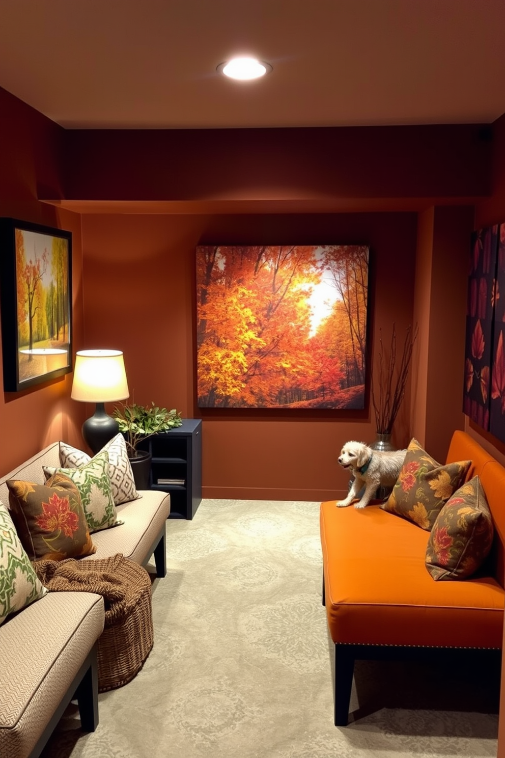 A cozy basement space adorned with artwork featuring vibrant autumn colors. The walls are painted in warm earth tones, complemented by soft ambient lighting to enhance the seasonal theme.