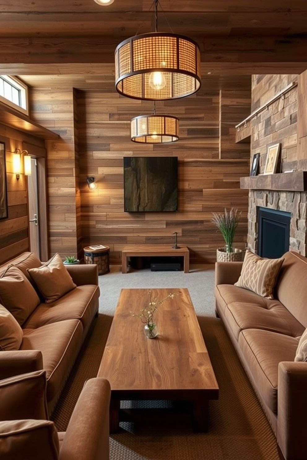 A cozy basement retreat featuring natural wood elements throughout the space. The walls are adorned with reclaimed wood paneling, creating a warm and inviting atmosphere. A large wooden coffee table sits in the center, surrounded by plush seating in earth tones. Soft lighting fixtures made of natural materials illuminate the area, enhancing the rustic charm.