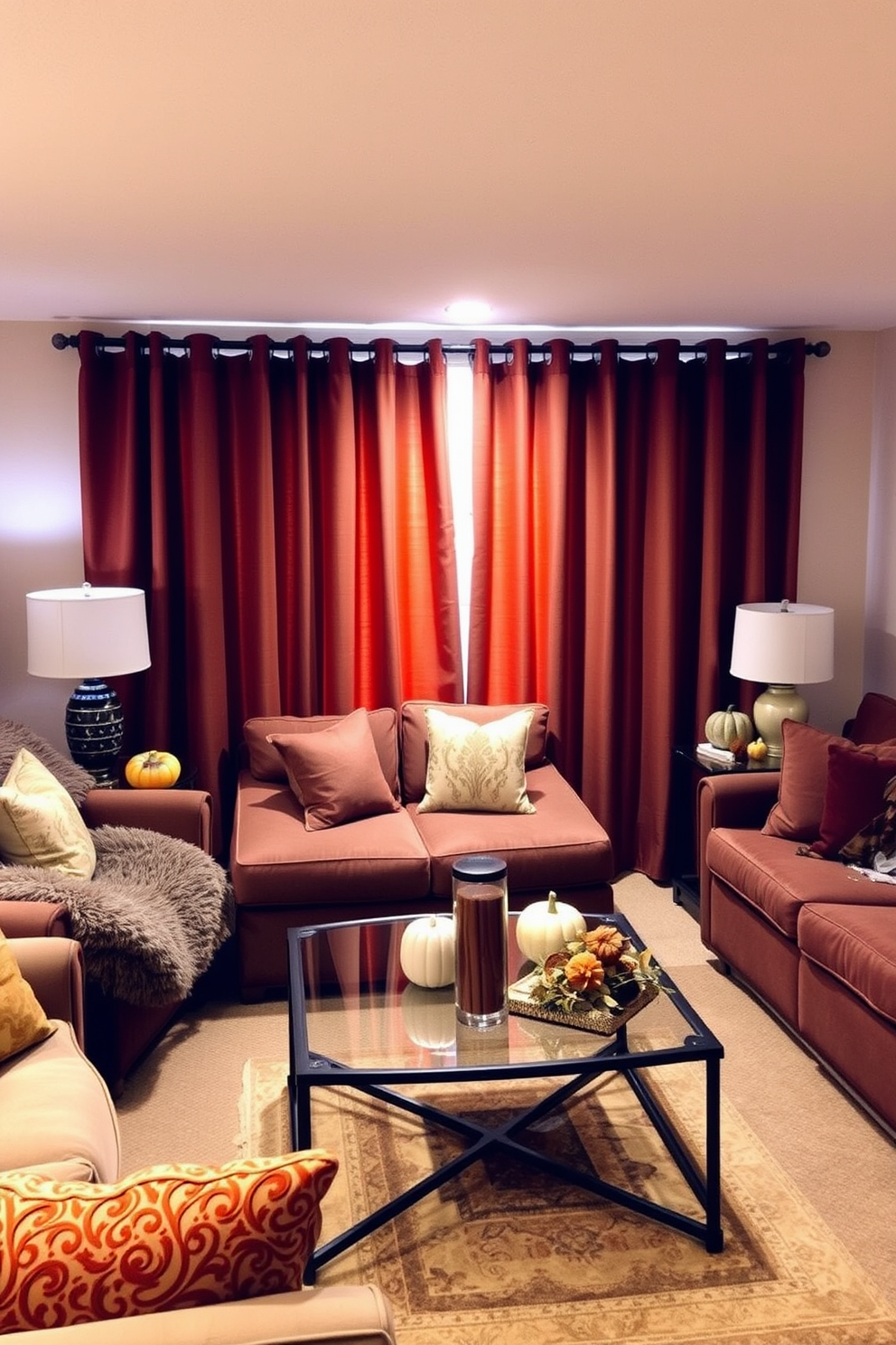 A cozy basement space is adorned with warm-toned curtains that gently filter the light, creating an inviting atmosphere. Plush seating arrangements featuring soft throw pillows complement the rich hues of the curtains, enhancing the overall warmth of the room. Decorative elements such as autumn-themed accents and layered rugs add texture and depth to the space. A carefully arranged coffee table with seasonal decor invites relaxation and conversation, making the basement a perfect fall retreat.