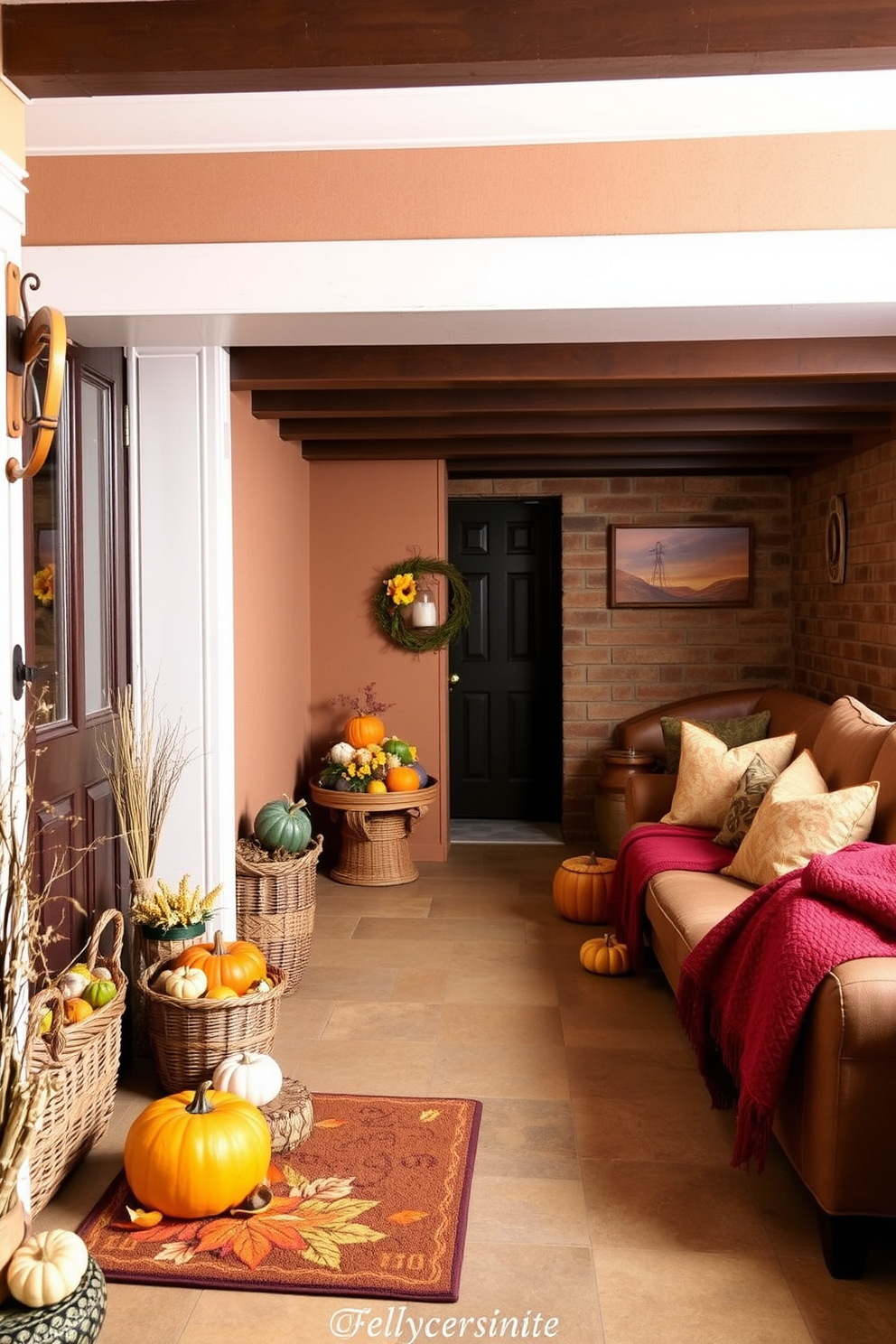 A welcoming entrance features a seasonal doormat adorned with autumn leaves and pumpkins. The surrounding area is enhanced with cozy decorations like woven baskets filled with dried corn and small gourds. The basement is transformed into a warm retreat with rich, earthy tones and plush seating. Soft throw blankets and pillows in fall colors create an inviting atmosphere perfect for relaxation.