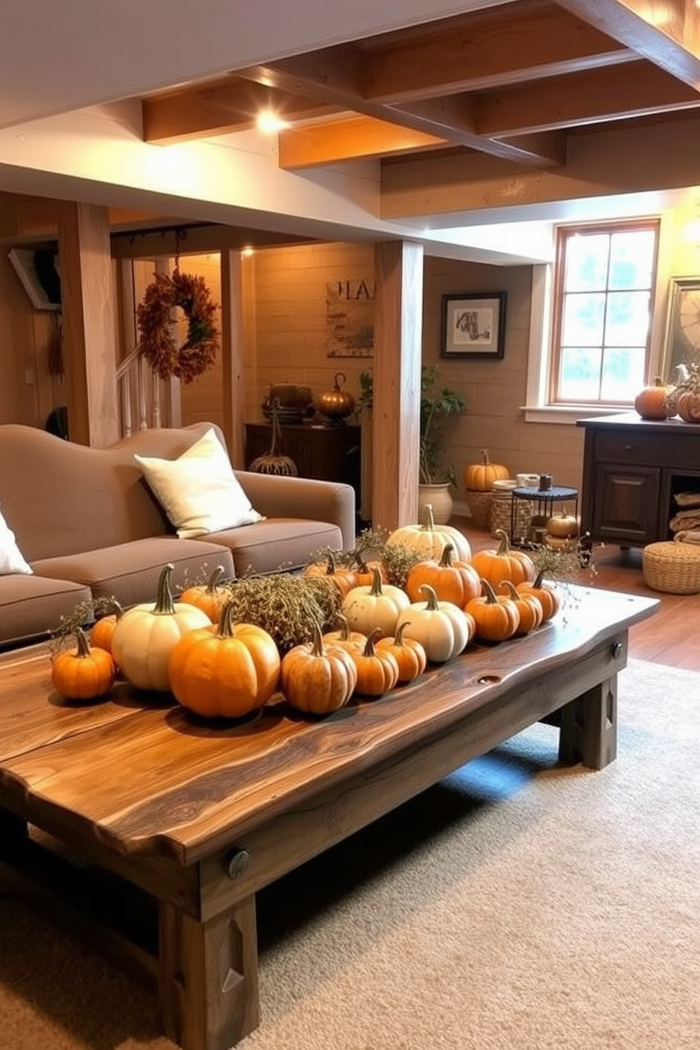 A cozy basement setting adorned with decorative pumpkins scattered across a rustic wooden coffee table. The warm glow of soft lighting highlights the autumnal colors, creating an inviting atmosphere perfect for fall gatherings.