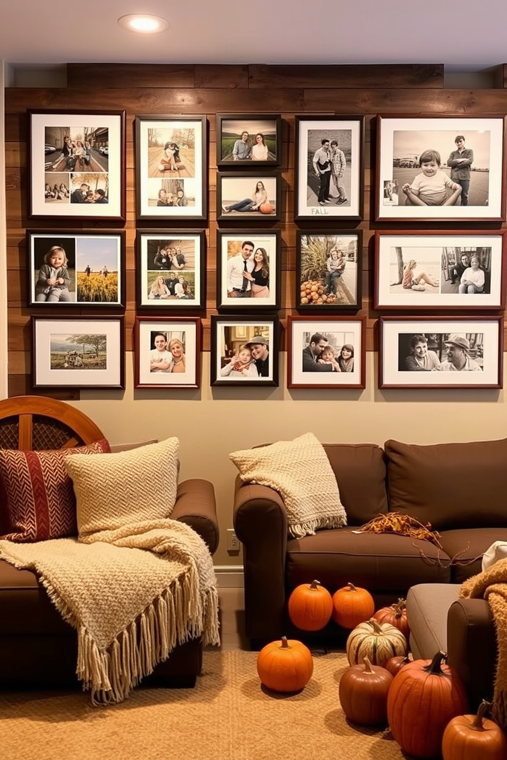 A customized photo gallery showcasing fall memories. The gallery features an array of framed photographs in warm tones, arranged in a casual yet curated layout on a rustic wooden wall. The basement is decorated with cozy elements that evoke the spirit of autumn. Plush throws, pumpkin accents, and ambient lighting create an inviting atmosphere perfect for relaxation and gatherings.