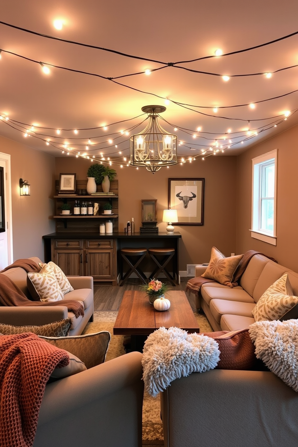 Create a cozy basement space adorned with string lights that emit a soft warm glow. The walls are painted in a rich taupe, and comfortable seating is arranged around a rustic wooden coffee table. In the corner, a small bar area features reclaimed wood shelves stocked with seasonal decor. Plush throw blankets and pillows in autumn hues add warmth and comfort to the inviting atmosphere.