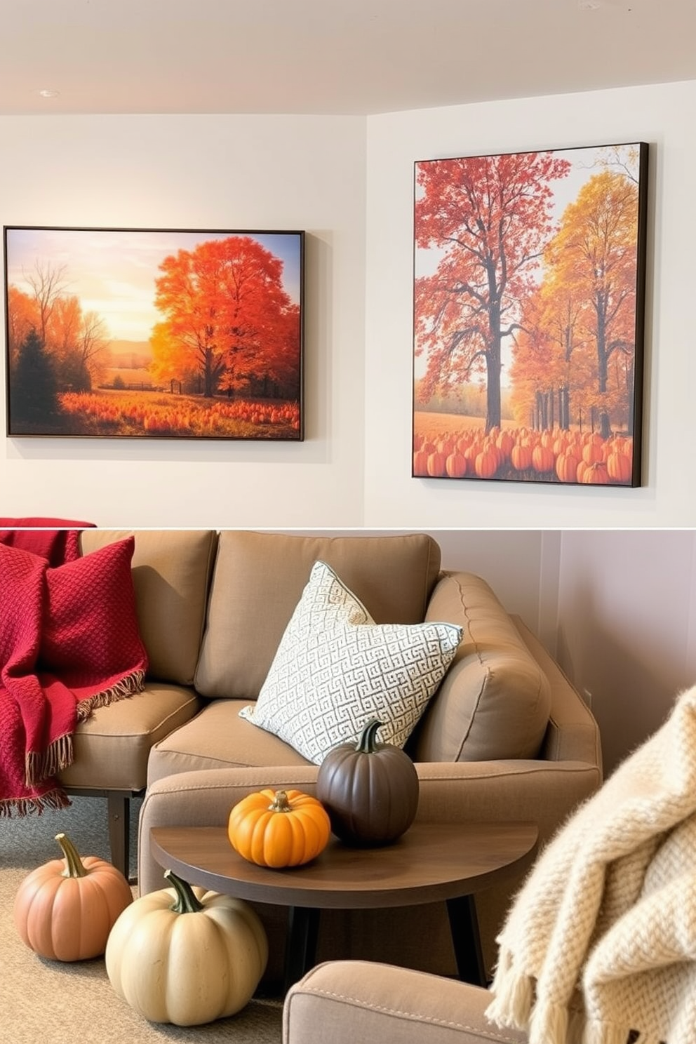 Wall art featuring fall landscapes. The artwork showcases vibrant hues of orange, red, and yellow, capturing the essence of autumn foliage in a serene outdoor setting. Fall basement decorating ideas. The space is transformed with cozy seating arrangements, warm throw blankets, and decorative pumpkins, creating an inviting atmosphere perfect for relaxation during the cooler months.