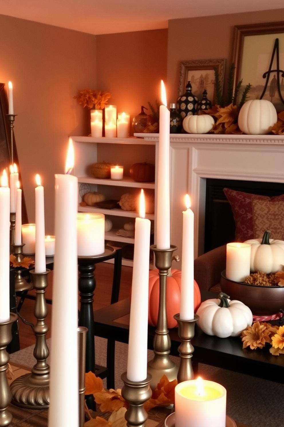 Candles of varied heights are strategically placed around the room to create a warm and inviting ambiance. The soft flicker of the candlelight enhances the cozy atmosphere of the fall-themed basement. Decorative elements like pumpkins, gourds, and autumn leaves are arranged on shelves and tables to celebrate the season. Rich, warm colors like deep oranges, browns, and golds are used to accentuate the space, making it feel both festive and relaxing.