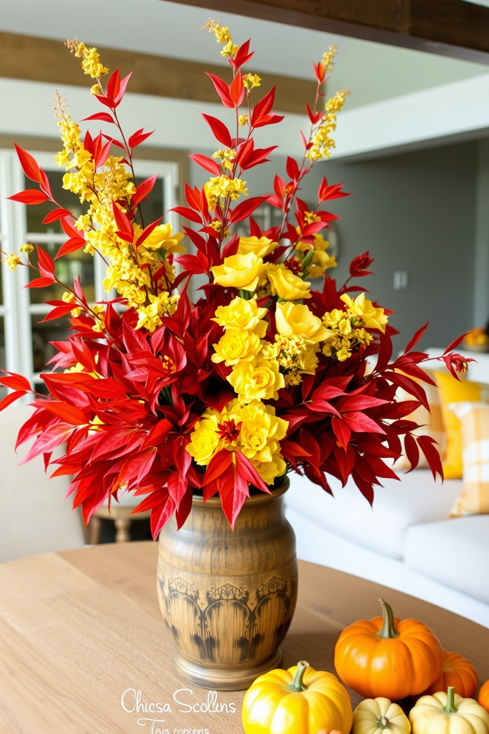 Floral arrangements featuring vibrant fall foliage create a warm and inviting atmosphere. The centerpiece is a large bouquet of deep red and orange leaves, complemented by soft yellow blooms in a rustic vase. For the fall basement decorating ideas, envision a cozy space with warm lighting and plush seating. Add decorative elements like throw blankets in autumn colors and a collection of pumpkins scattered around for a seasonal touch.