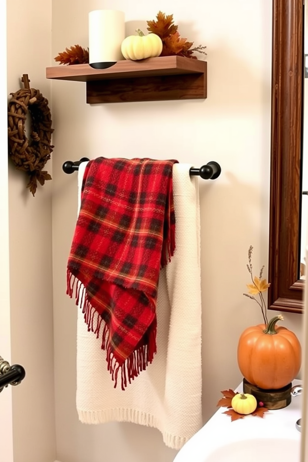 A cozy bathroom setting featuring warm plaid towels draped over a wooden towel rack. The space is adorned with autumn-themed decorations, including small pumpkins and dried leaves, creating a welcoming atmosphere.