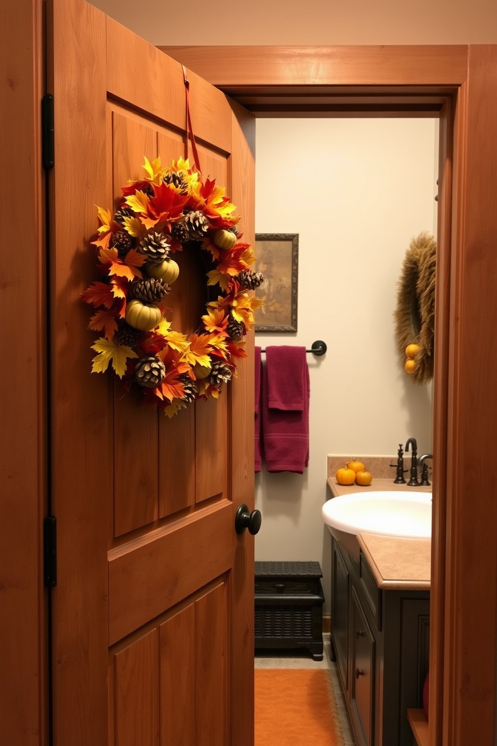 A charming bathroom entrance featuring a rustic wooden door adorned with a vibrant fall wreath made of colorful leaves, pinecones, and small pumpkins. The wreath adds a warm touch to the space, inviting a seasonal atmosphere into the bathroom. Inside, the decor reflects autumn with accents like plush towels in deep orange and rich burgundy tones. Decorative elements such as small gourds and candles in earthy hues are placed strategically on the vanity to enhance the cozy fall ambiance.