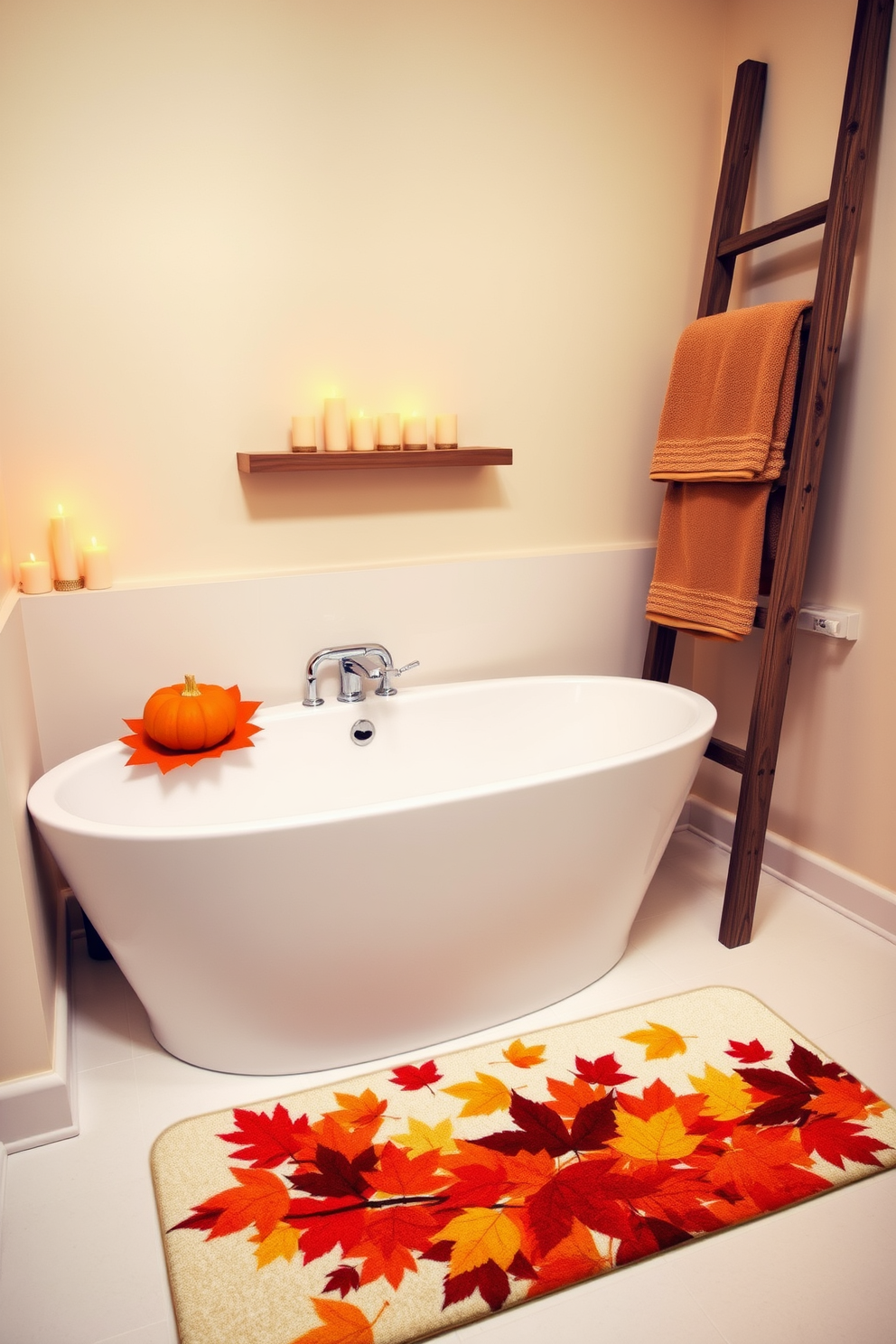 A cozy bathroom setting featuring a fall-themed bath mat adorned with vibrant autumn leaves in shades of orange, red, and yellow. The mat is placed in front of a sleek white bathtub, complemented by warm candlelight flickering on the surrounding wooden shelves. The walls are painted in a soft cream color, creating a warm and inviting atmosphere. A rustic wooden ladder displays fluffy towels in earthy tones, while a small potted pumpkin adds a seasonal touch to the countertop.