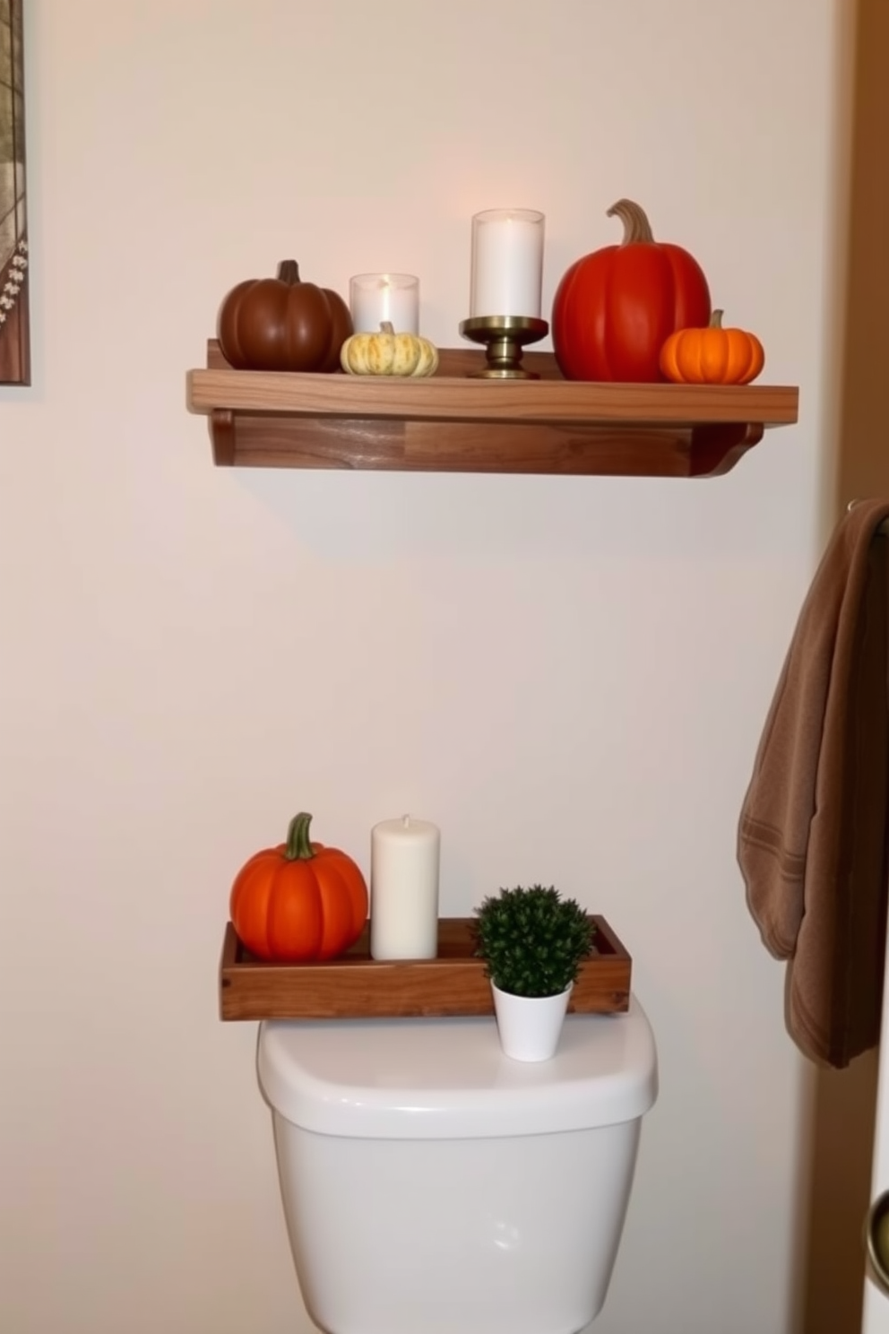 A cozy fall bathroom setting featuring a wooden shelf installed above the toilet. The shelf is adorned with decorative pumpkins, scented candles, and a small potted plant, creating a warm autumn ambiance.