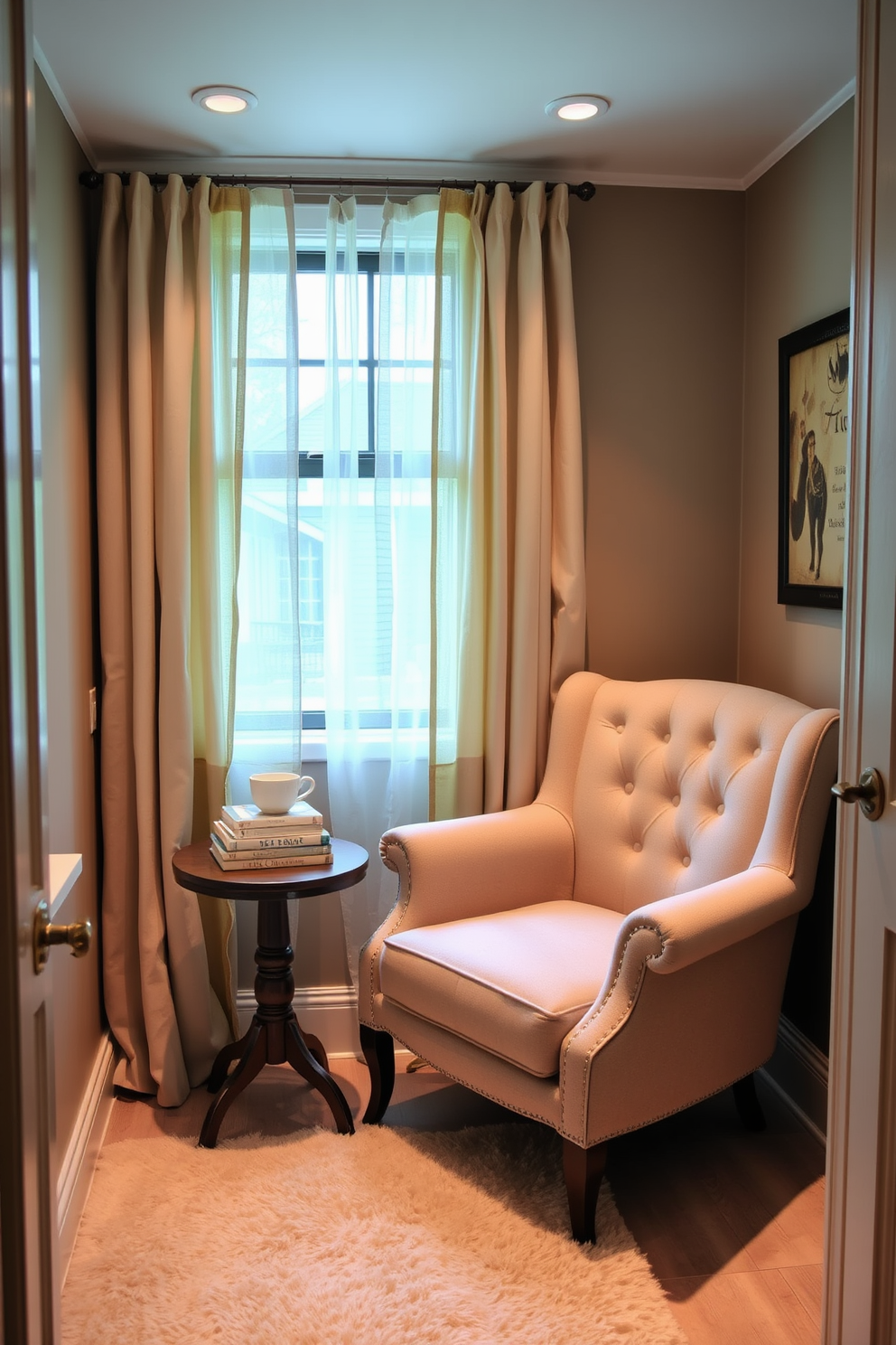 Create a cozy reading nook in a corner of the bathroom. There is a plush armchair upholstered in soft fabric, positioned near a window with sheer curtains allowing natural light to filter in. Next to the chair, a small wooden side table holds a stack of books and a steaming cup of tea. The walls are painted in a warm neutral tone, and a soft area rug adds comfort underfoot.