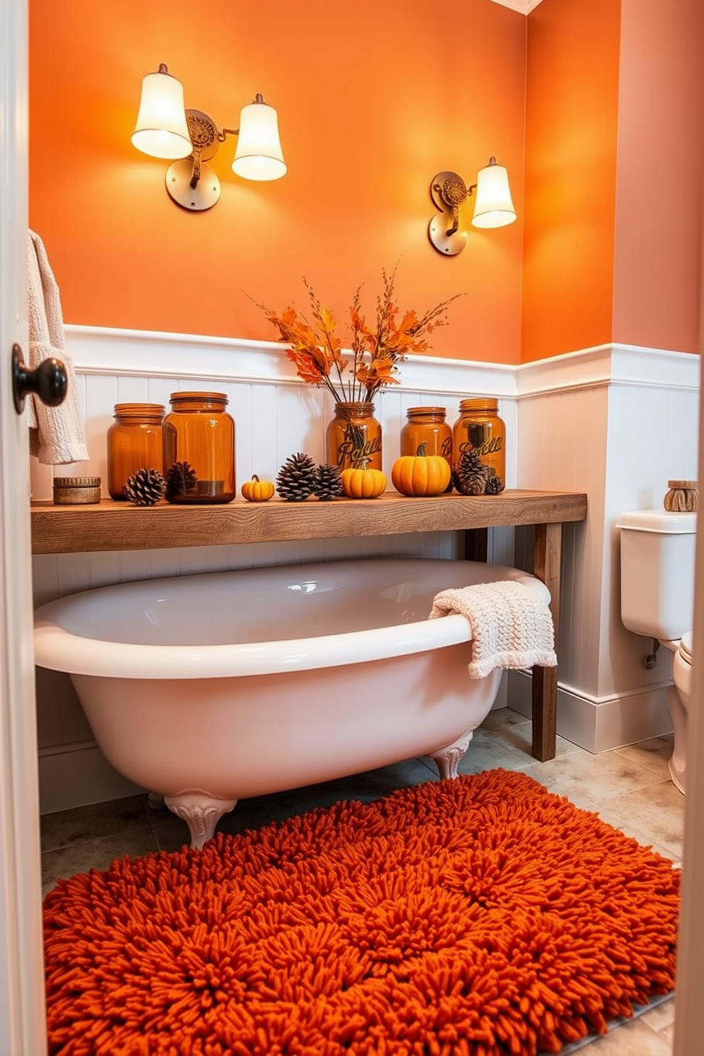 A cozy fall bathroom setting featuring amber glass jars for storage. The jars are arranged on a wooden shelf, filled with autumn-themed items like pinecones and small pumpkins. The walls are painted in warm earthy tones, complemented by soft golden lighting. A plush, textured bath mat in a rich orange hue adds a seasonal touch to the floor.