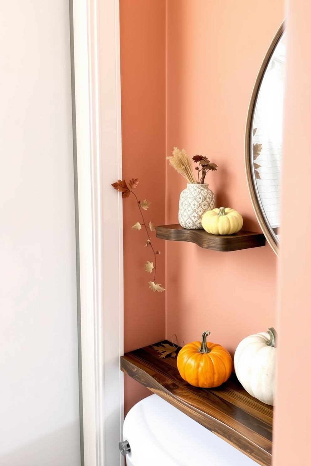 A cozy fall bathroom setting featuring a seasonal scented diffuser placed on a wooden shelf. The walls are adorned with warm autumn hues and decorative elements like small pumpkins and dried leaves.