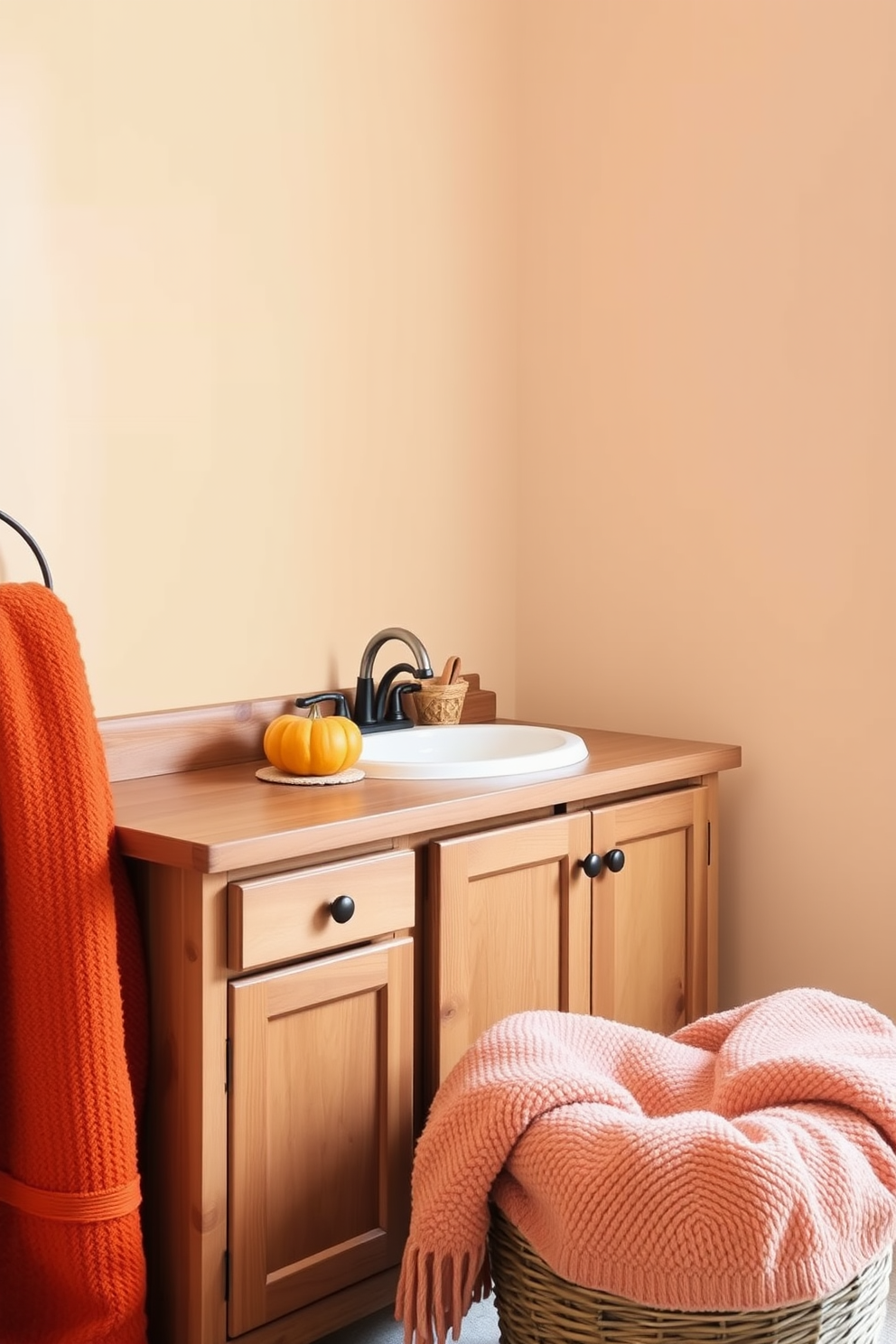 A cozy fall bathroom setting with warm autumn colors. A wooden vanity with a white sink is adorned with a small pumpkin and a scented candle on the countertop. The walls are painted in a soft beige hue, creating a warm ambiance. A plush throw blanket in deep orange is draped over a wicker basket nearby, adding comfort to the space.