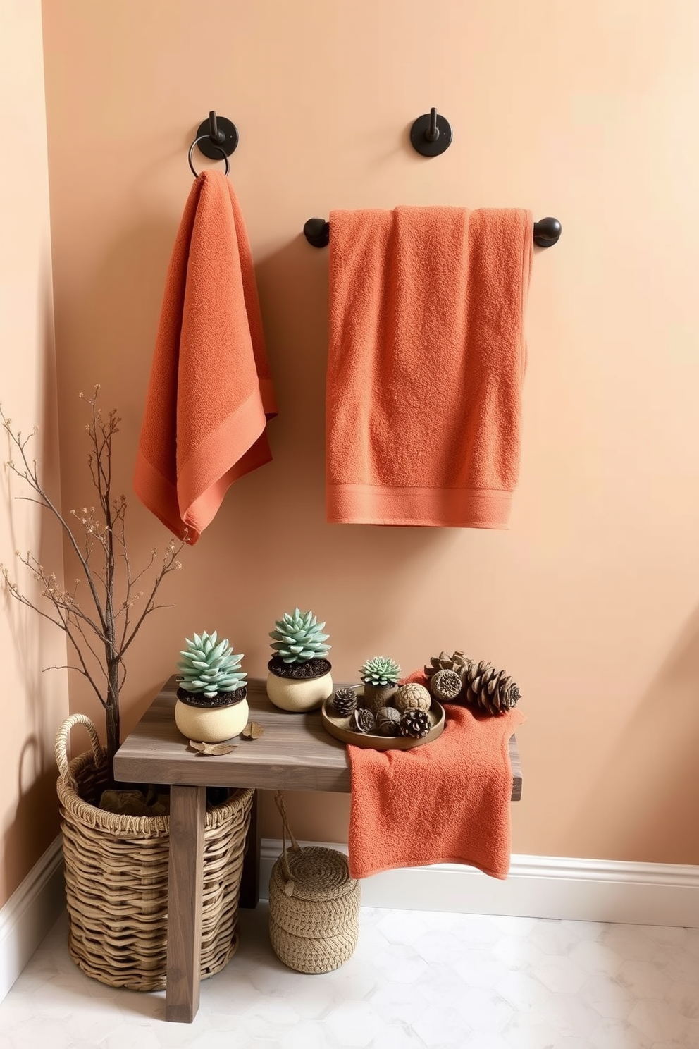 A cozy fall-inspired bathroom featuring earthy tones in accessories. Soft terracotta towels are neatly hung on the rack, complementing a rustic wooden bench adorned with small potted succulents. The walls are painted in a warm beige hue, creating a calming backdrop for the decor. A woven basket filled with natural elements like pinecones and dried leaves sits in one corner, enhancing the autumnal theme.