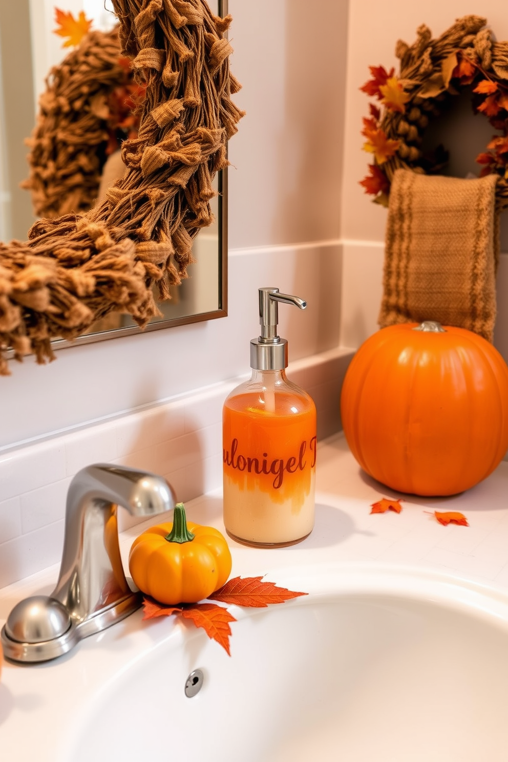 A cozy bathroom adorned with autumn-themed decor. The soap dispenser features warm hues of orange and gold, complementing seasonal accents like small pumpkins and leaves scattered around the sink.