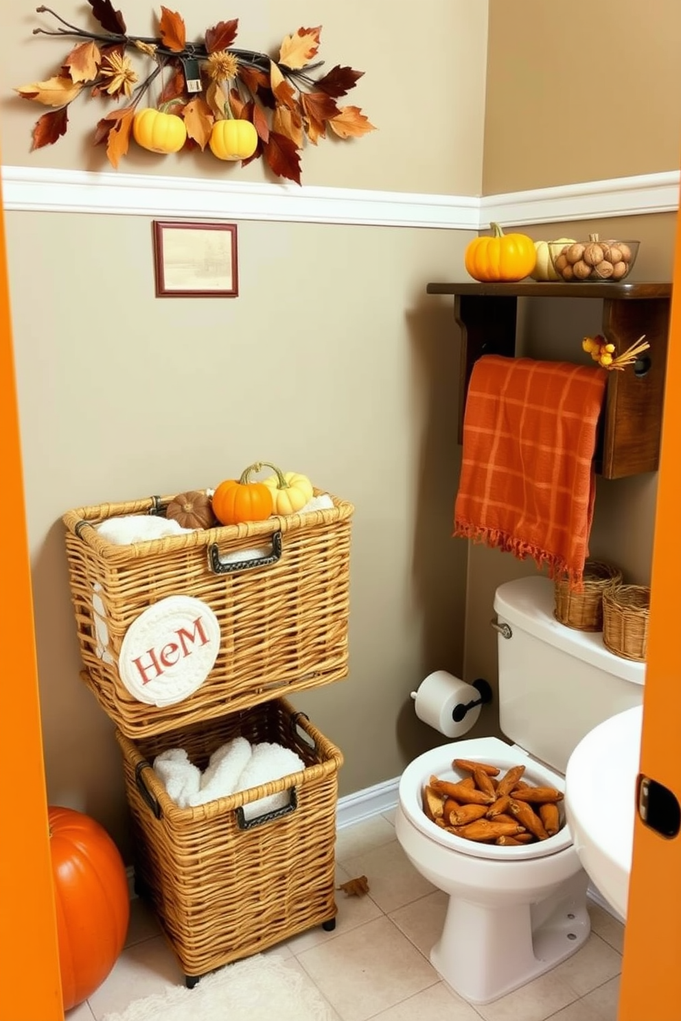 A cozy fall bathroom setting featuring decorative baskets for towel storage. The walls are adorned with warm autumn colors and accented with seasonal decorations like small pumpkins and dried leaves.