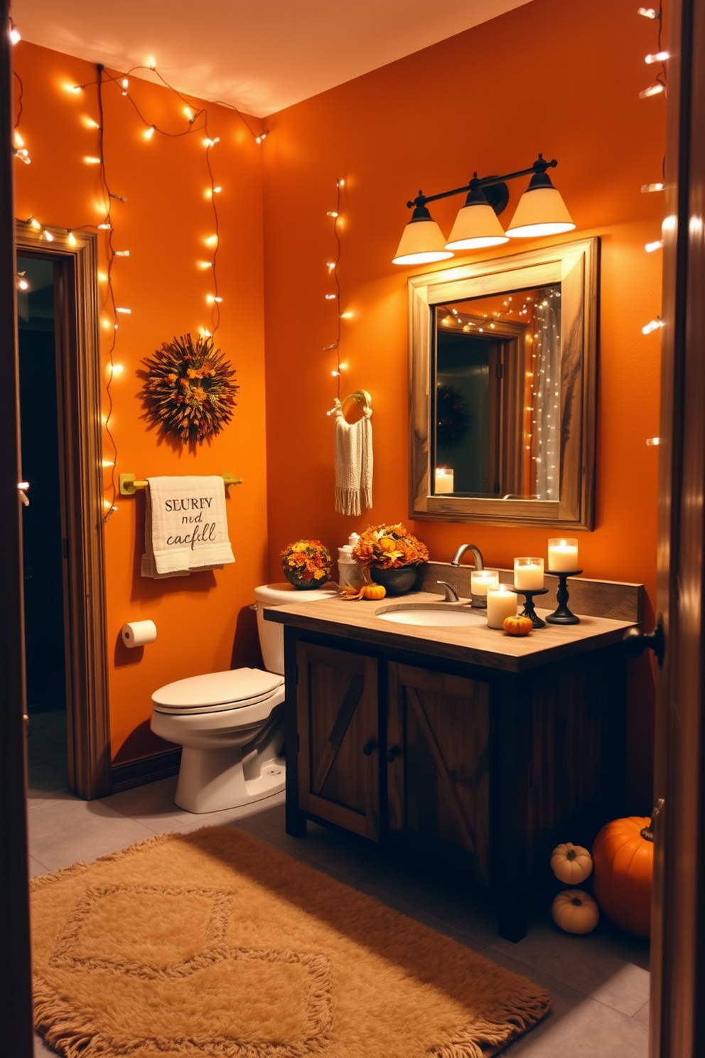 A cozy fall-themed bathroom adorned with twinkle lights creating a warm and inviting glow. The walls are painted in a soft pumpkin hue, complemented by autumn-themed decor such as small pumpkins and colorful leaves scattered on the countertop. The mirror is framed with rustic wood, reflecting the gentle light from the twinkle lights above. A plush beige rug lies on the floor, adding comfort and warmth to the space while seasonal candles flicker on the vanity.