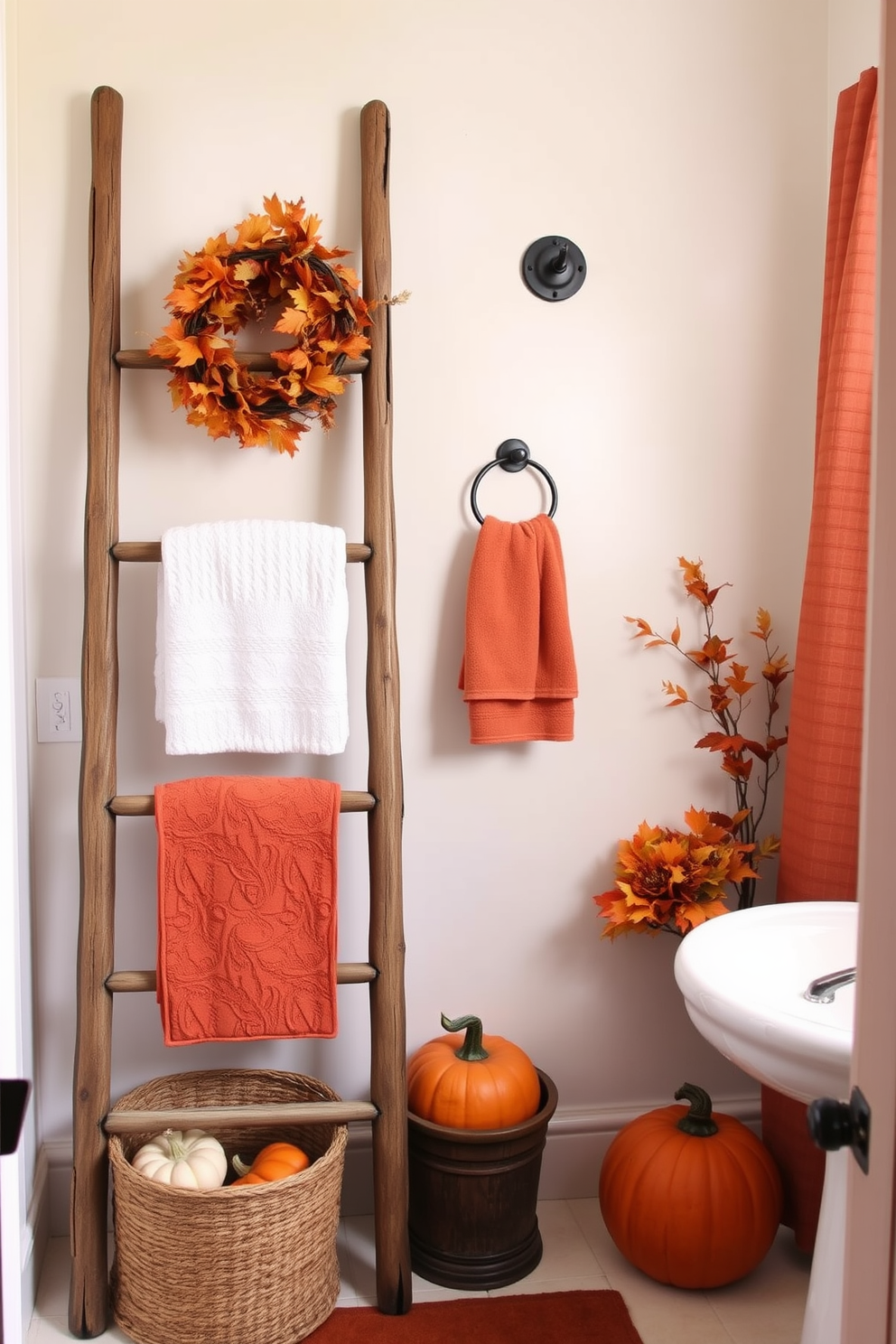 A cozy fall-themed bathroom setting features a vintage wooden ladder leaning against the wall for towel display. The space is adorned with warm autumn colors, including deep oranges and rich browns, complemented by decorative pumpkins and seasonal foliage.