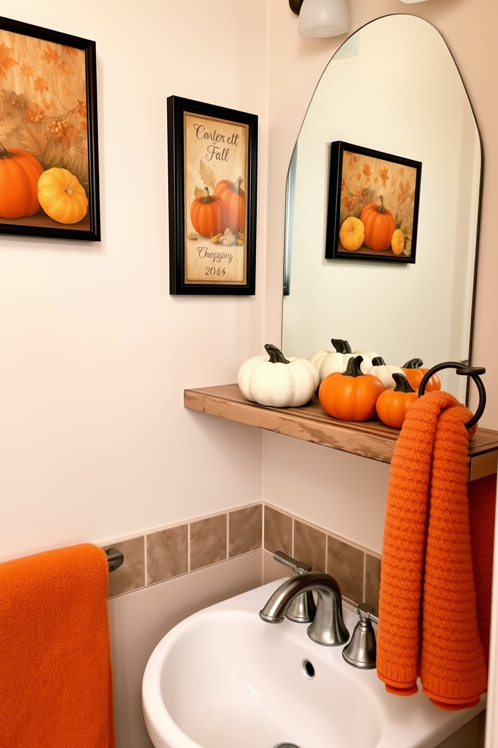 A cozy fall bathroom setting featuring ceramic pumpkins as decor pieces. The pumpkins are arranged on a rustic wooden shelf above the sink, complementing the warm autumn color palette of deep oranges and browns. The walls are adorned with seasonal artwork showcasing fall leaves and harvest themes. Soft, fluffy towels in shades of cream and burnt orange are neatly hung, adding a touch of comfort to the space.