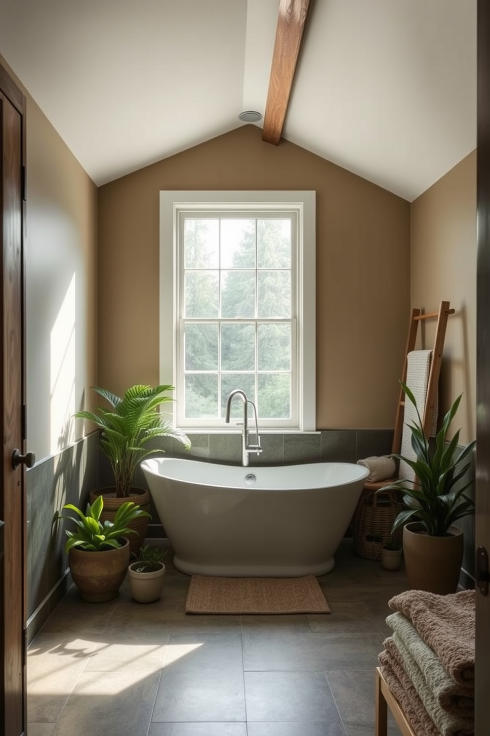 A serene bathroom retreat inspired by nature. The walls are painted in soft earth tones with accents of deep forest green, and natural wood elements are featured throughout the space. A freestanding bathtub is positioned under a large window, allowing natural light to flood the room. Potted plants are strategically placed to enhance the organic feel, while warm, textured towels are neatly arranged nearby.