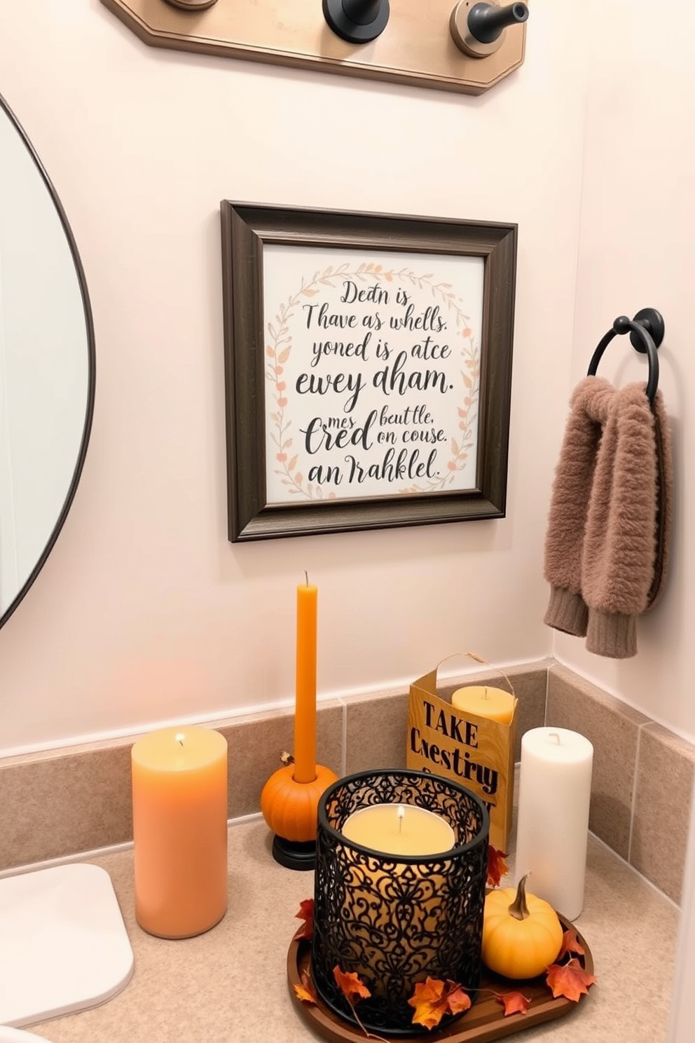 A cozy fall bathroom setting featuring a decorative framed quote that captures the essence of the season. The quote is surrounded by autumn-themed decor such as small pumpkins and warm-toned candles on the countertop.