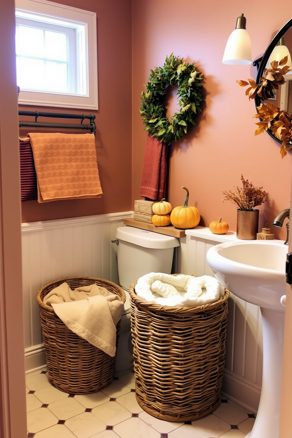 A cozy fall-themed bathroom featuring a wicker basket for laundry placed in one corner. The walls are adorned with warm autumn colors and seasonal decorations like small pumpkins and dried leaves.