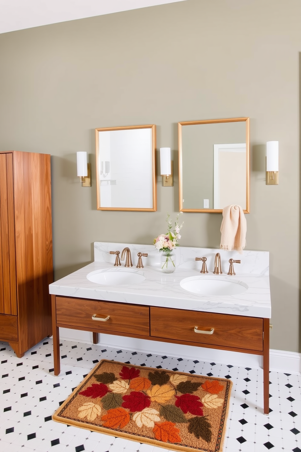 A sophisticated bathroom setting. There is a wooden vanity with a marble countertop upon which two sinks are installed. Above the countertop, two rectangular mirrors with gold frames hang side by side. To the left of the vanity, there is a tall wooden cabinet. The walls are painted in a muted green shade and the floor features a white and black patterned tile. A decorative vase with flowers is placed on the countertop and a beige towel hangs from one of the sink faucets. A small fall-themed rug adds warmth and seasonal charm to the space. The rug features autumn colors and leaf patterns that complement the overall decor.