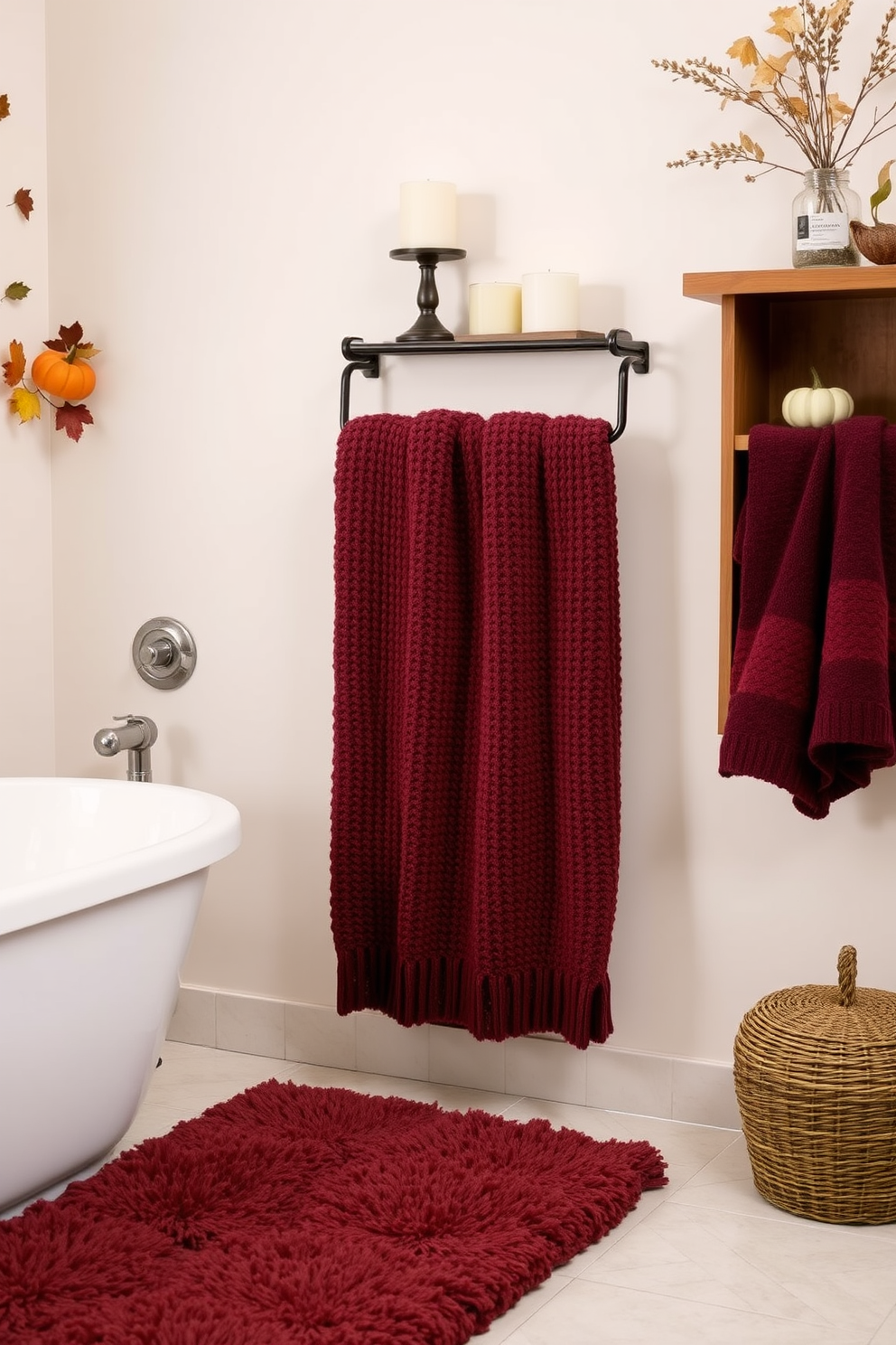 A cozy fall bathroom setting with rich textured fabrics that add warmth and comfort. The space features a plush, oversized bath mat in a deep burgundy hue and soft, knitted towels draped elegantly on a stylish rack. The walls are adorned with seasonal decor, including small pumpkin accents and autumn leaves. A rustic wooden shelf displays scented candles and a vase filled with dried flowers, enhancing the inviting atmosphere.