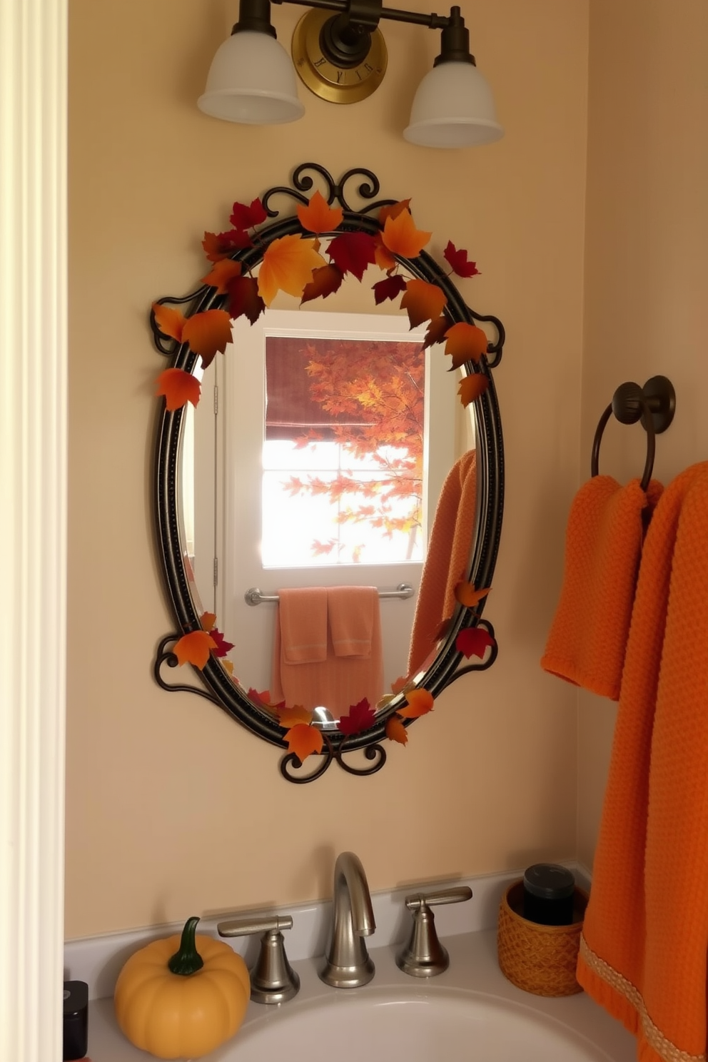 A cozy bathroom setting featuring a decorative mirror adorned with autumn colors that reflects the warm hues of the season. The space is enhanced with seasonal accents such as pumpkin-themed decor and soft, textured towels in shades of orange and gold.