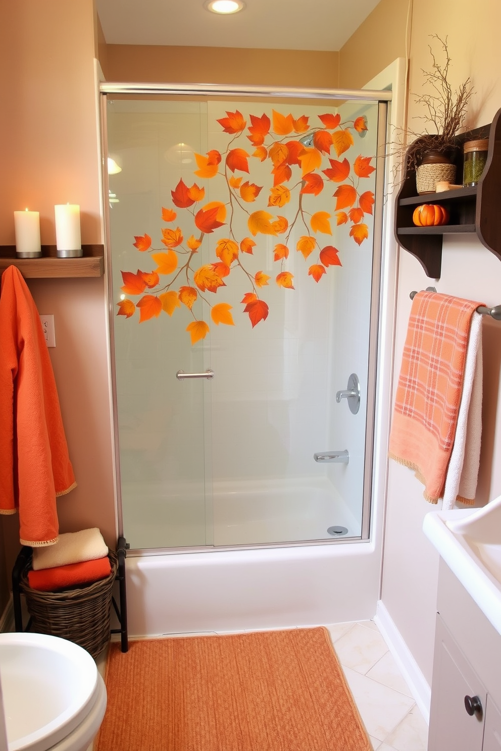 A cozy bathroom setting that embraces the essence of fall. The shower area features a glass enclosure adorned with autumn leaves and warm tones, replacing the traditional shower curtain. Soft orange and brown accents are incorporated through towels and a decorative rug. A rustic wooden shelf holds seasonal candles and a small pumpkin, enhancing the autumn ambiance.