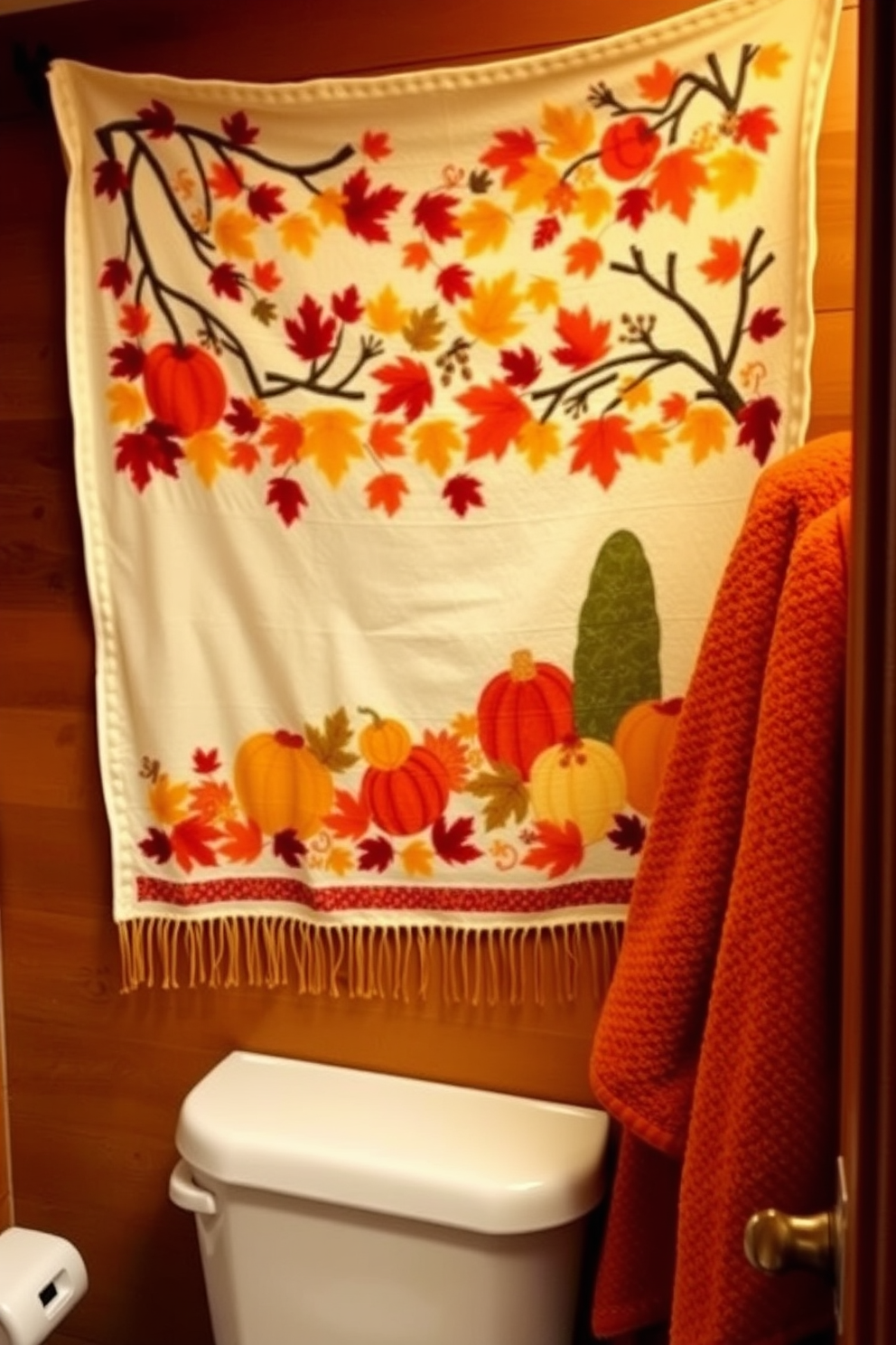 A cozy bathroom adorned with a fall-themed wall hanging that features warm autumn colors and seasonal motifs. The wall hanging is complemented by soft, plush towels in shades of orange and brown, creating a harmonious fall atmosphere.