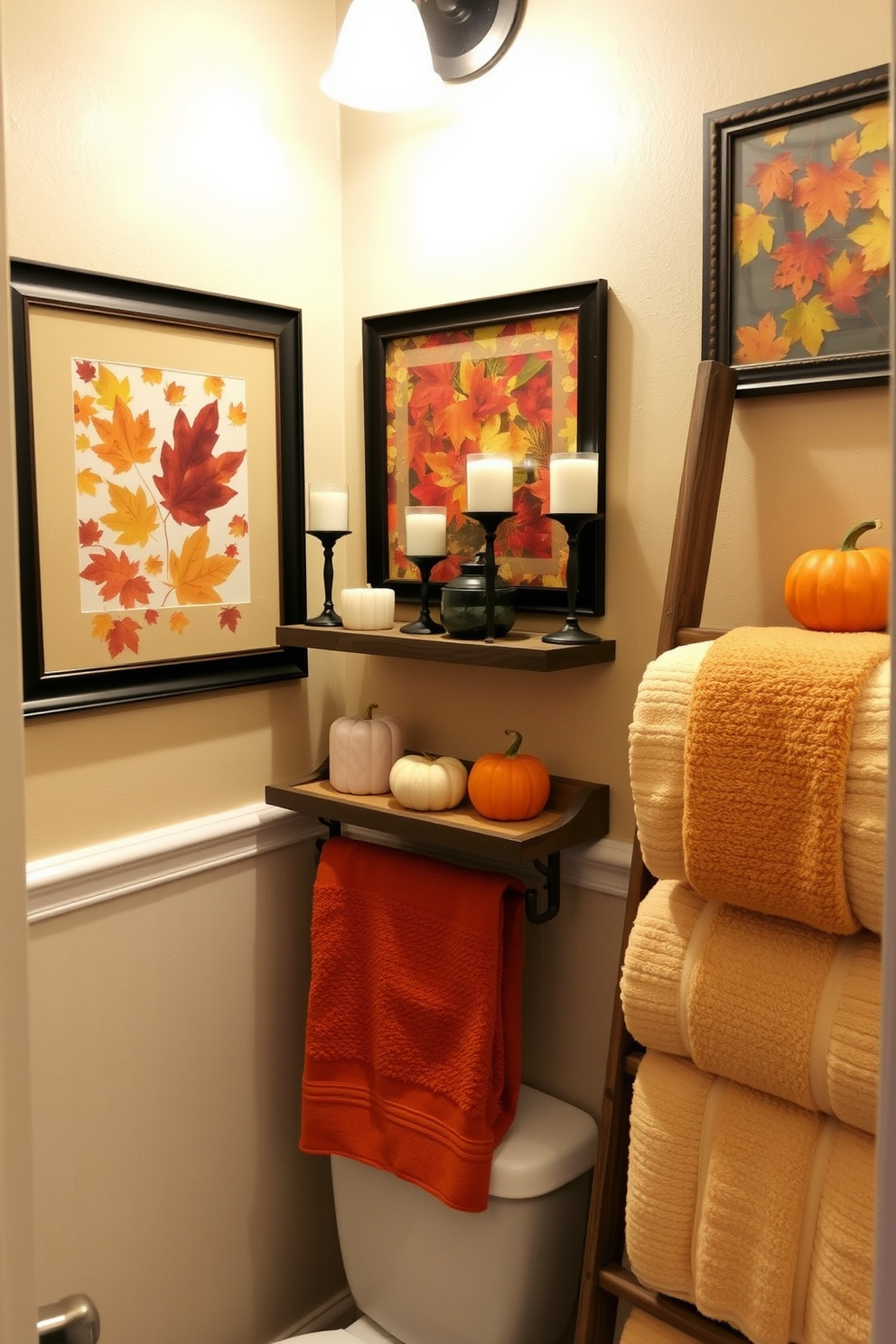 A cozy bathroom adorned with seasonal artwork reflecting the vibrant colors of fall. The walls feature framed prints of autumn leaves and pumpkins, creating a warm and inviting atmosphere. A rustic wooden shelf displays candles and small decorative pumpkins, enhancing the fall theme. Plush towels in warm earth tones are neatly arranged on a ladder rack, adding both style and comfort.