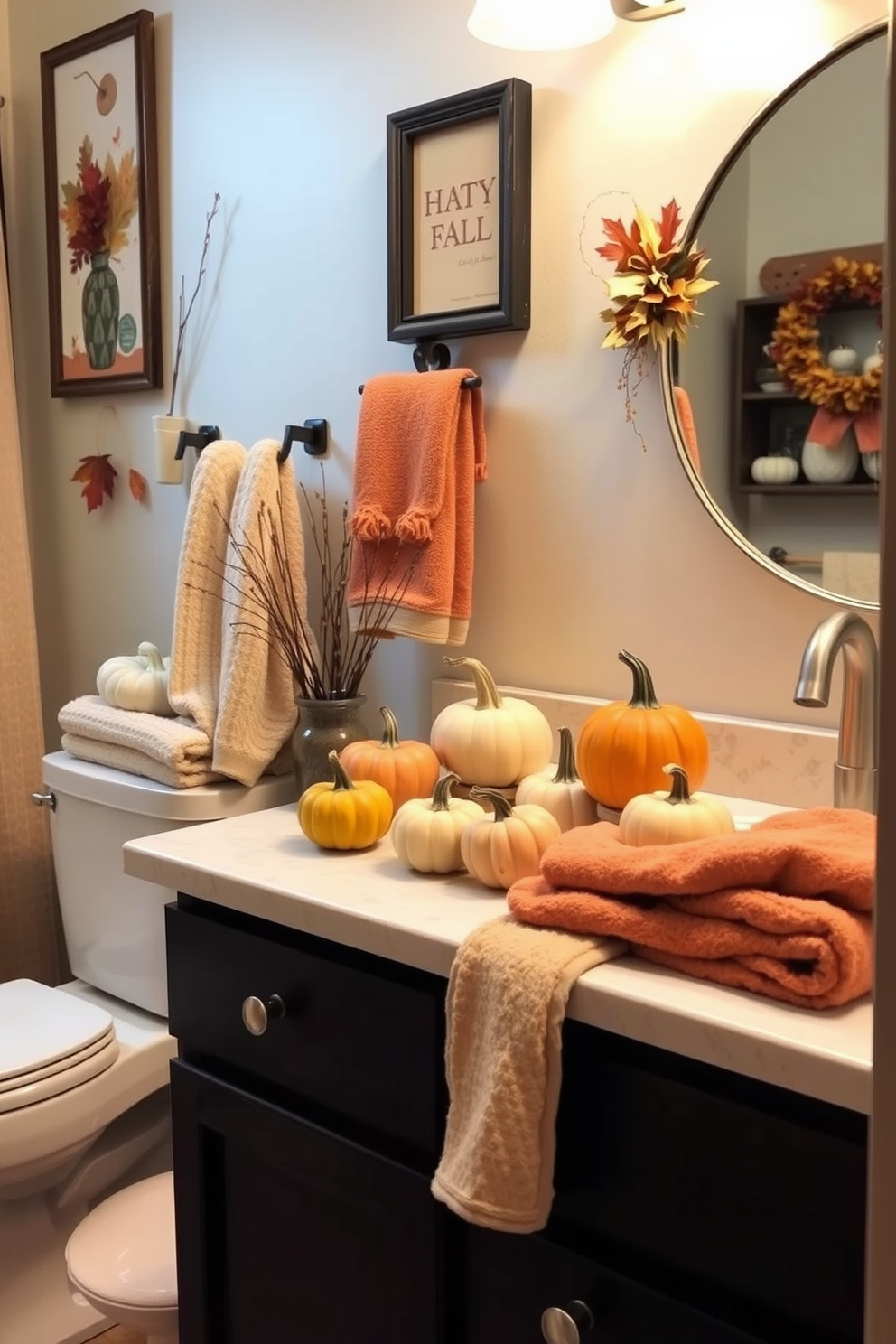 A cozy fall bathroom setting. Small pumpkins of various sizes are artfully arranged on the countertop, bringing a touch of seasonal charm. The walls are adorned with autumn-themed decor, featuring warm colors and natural elements. Soft towels in earthy tones complement the festive display, creating a welcoming atmosphere.