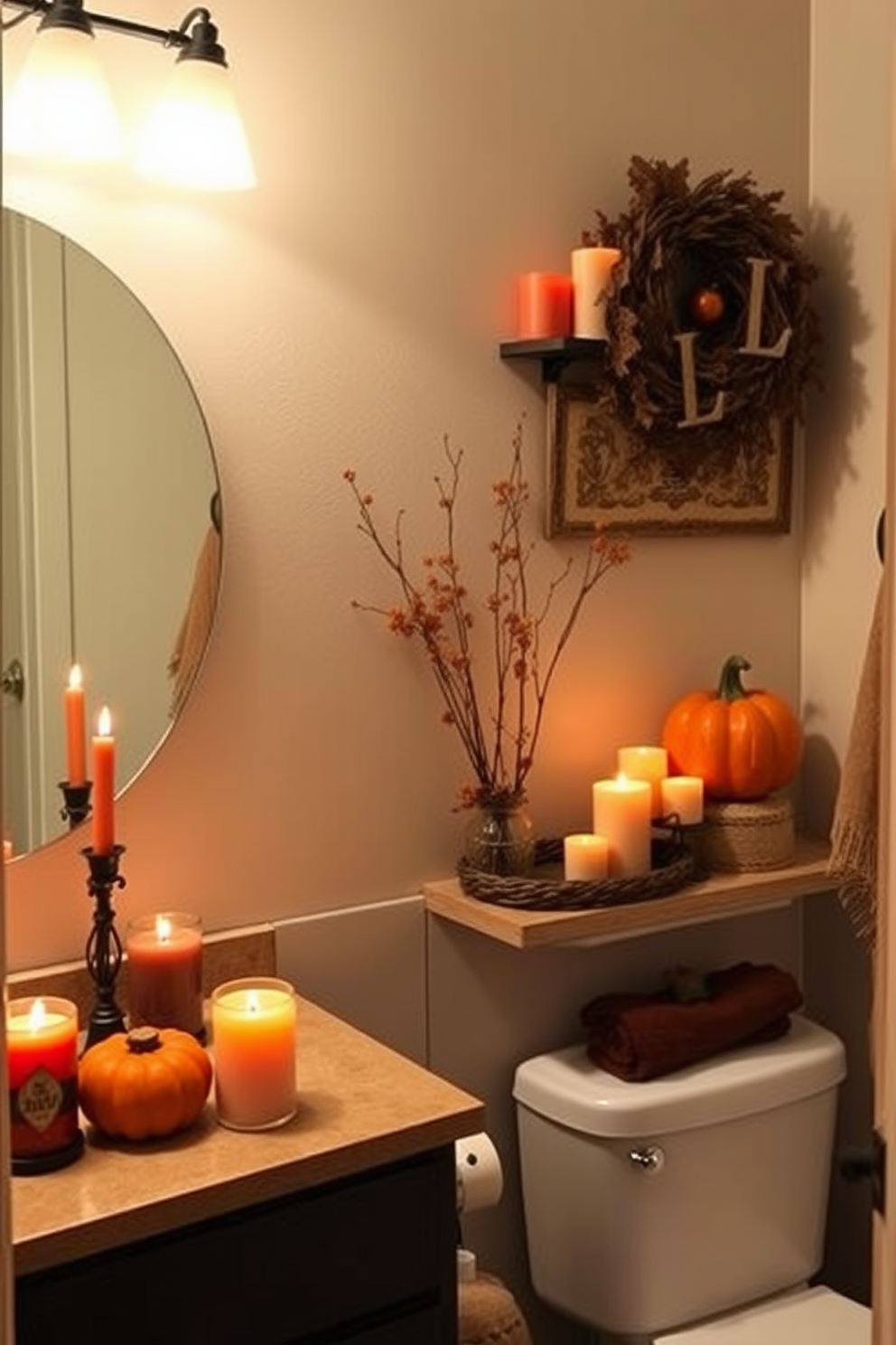 A cozy bathroom adorned with fall-scented candles creating a warm and inviting ambiance. The decor features earthy tones with accents of deep orange and rustic browns, complemented by soft towels and seasonal decorations.