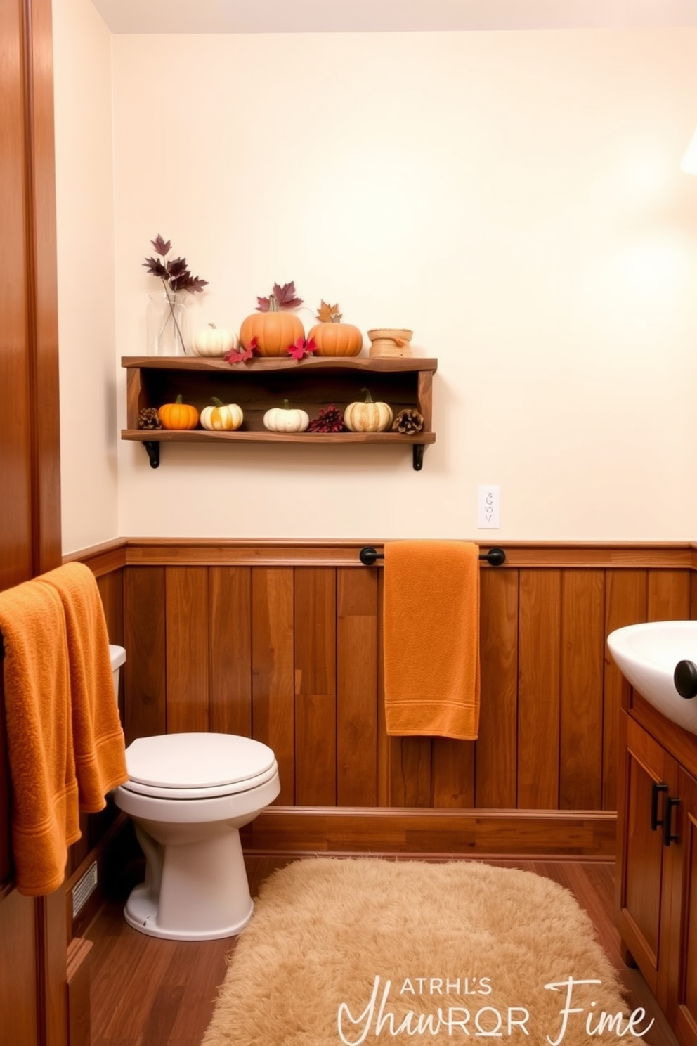 A cozy bathroom setting adorned with warm-colored hand towels. The walls are painted in a soft cream hue, complementing the rich tones of the wooden cabinetry. A rustic wooden shelf displays seasonal decorations, including small pumpkins and autumn leaves. The floor is covered with a plush beige rug, inviting comfort and warmth to the space.