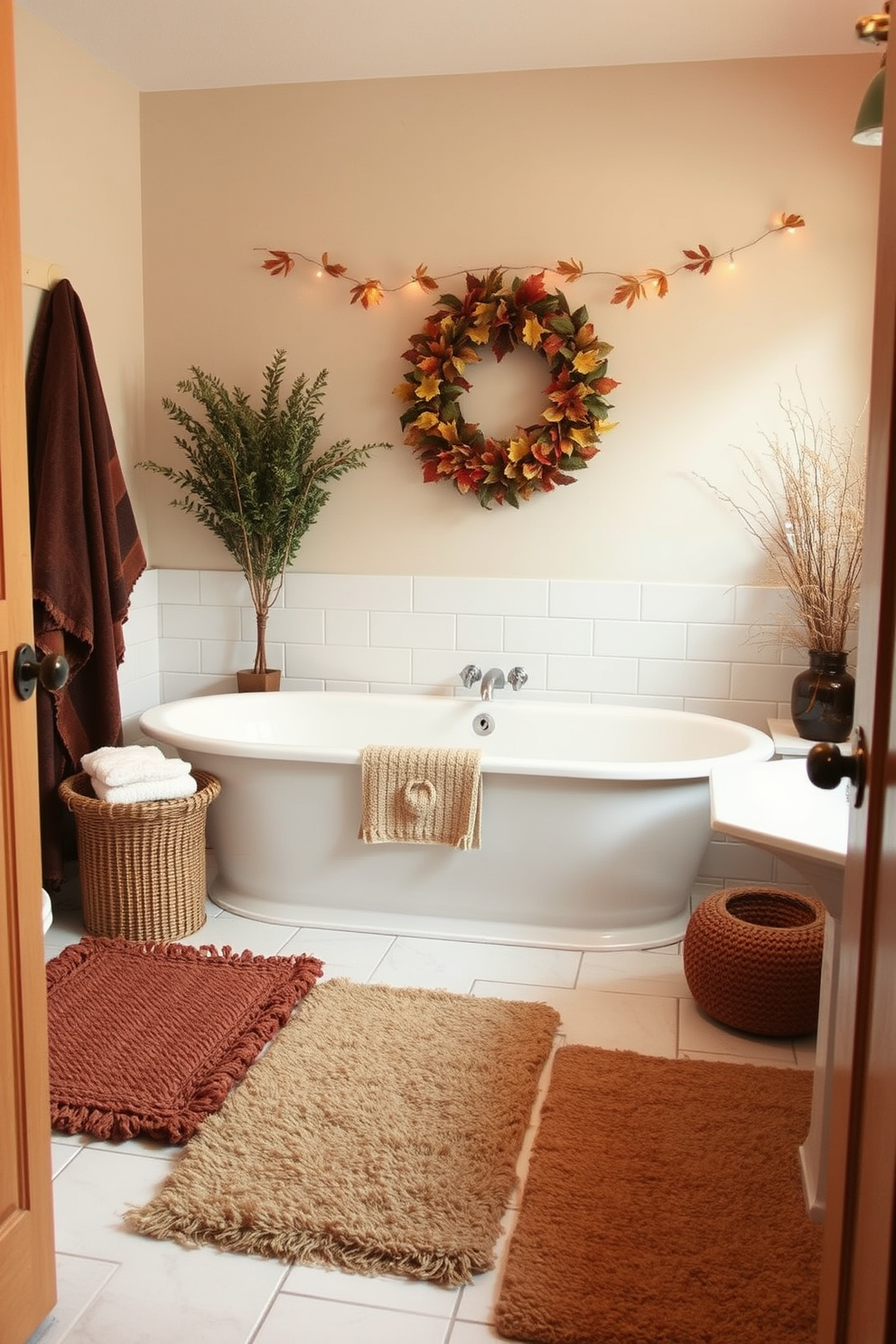 A cozy fall bathroom setting with layered rugs in warm earth tones creating texture and inviting warmth. The walls are adorned with seasonal decorations featuring autumn leaves and soft lighting that enhances the inviting atmosphere.