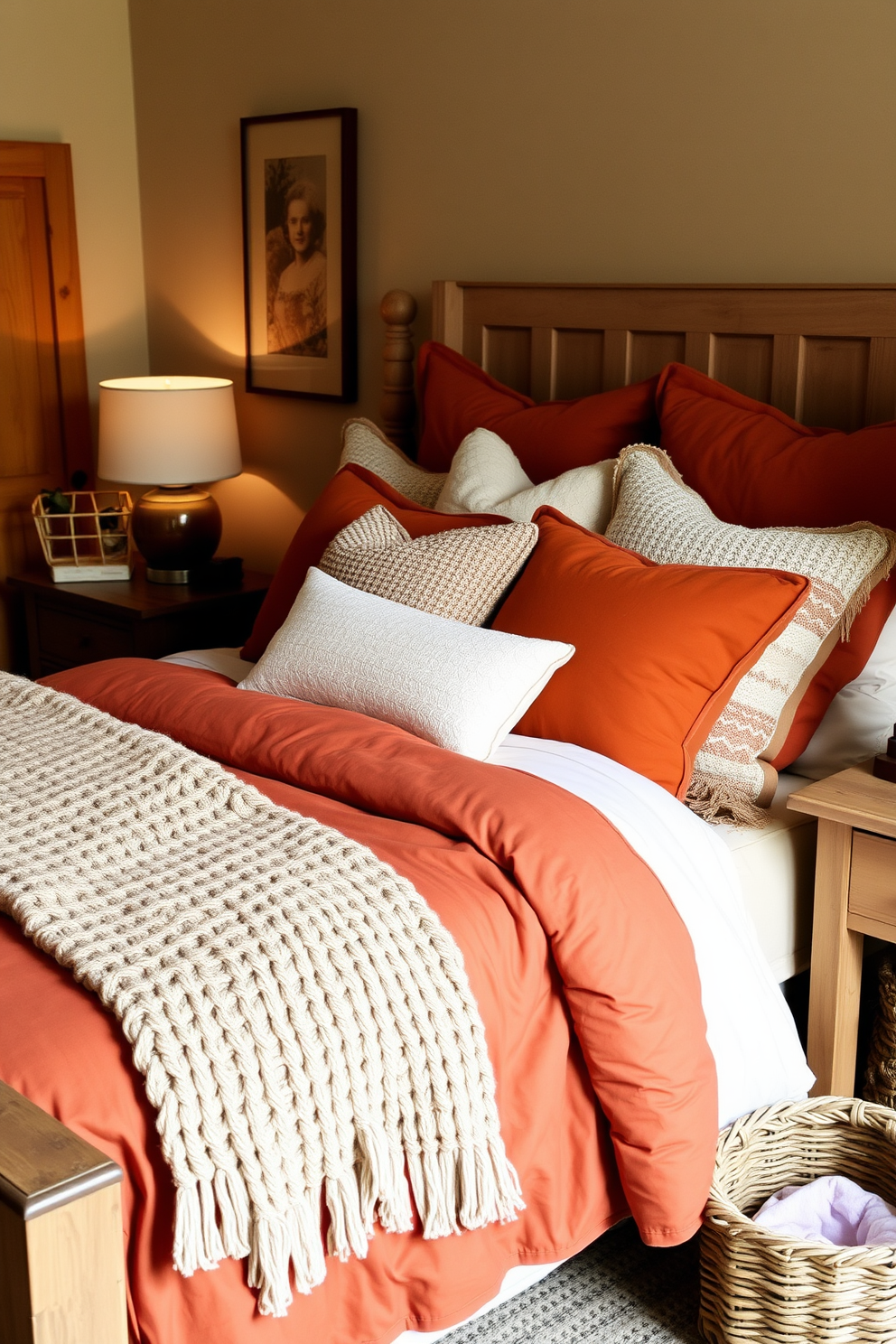 A cozy bedroom featuring a warm earthy color palette for bedding. The bed is adorned with rich terracotta and soft beige linens, complemented by a chunky knitted throw and an array of textured pillows. Natural wood accents are present in the furniture, including a rustic nightstand and a woven basket for storage. Soft lighting from a bedside lamp casts a warm glow, enhancing the inviting atmosphere of the fall decor.