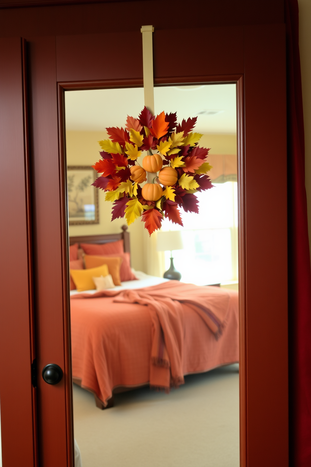 A seasonal wreath made of colorful autumn leaves and small pumpkins adorns the bedroom door, welcoming guests with a touch of fall charm. Inside, the bedroom is decorated with warm tones, featuring cozy blankets and pillows in rich oranges and deep reds that evoke the essence of the season.