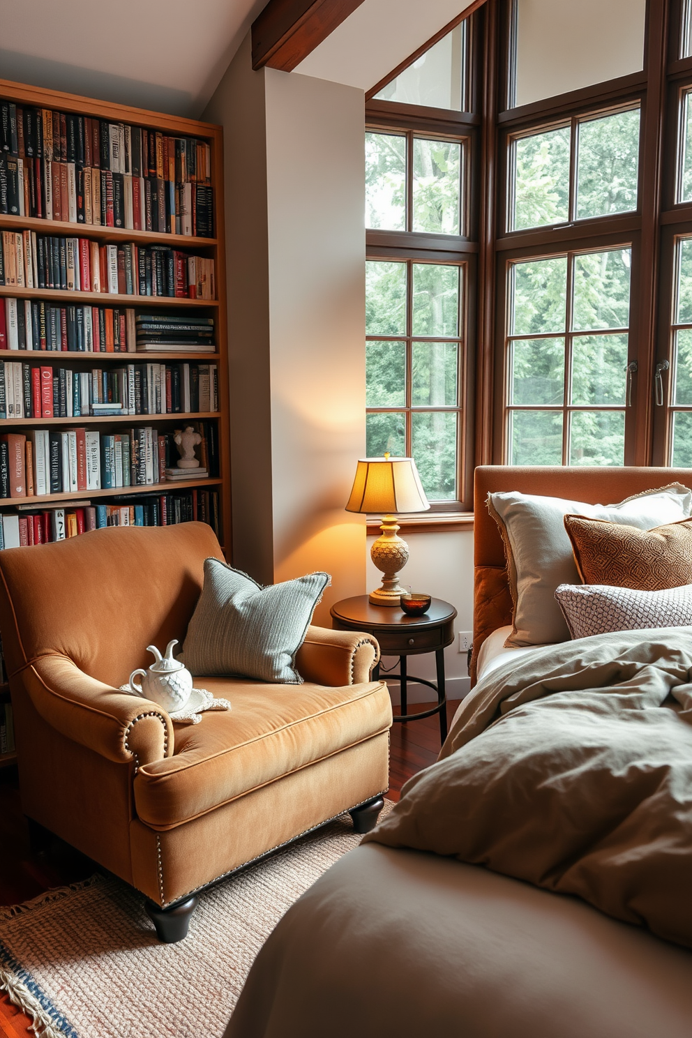 A cozy reading nook featuring a plush armchair upholstered in soft, warm fabric is positioned beside a tall bookshelf filled with an array of books. The chair is accompanied by a small side table holding a steaming cup of tea and a decorative lamp that casts a gentle glow, creating an inviting atmosphere. The bedroom is adorned with rich, earthy tones complemented by a luxurious duvet and an assortment of textured pillows on the bed. A woven rug lies beneath the chair, adding warmth to the space, while large windows allow natural light to fill the room, enhancing the cozy ambiance.