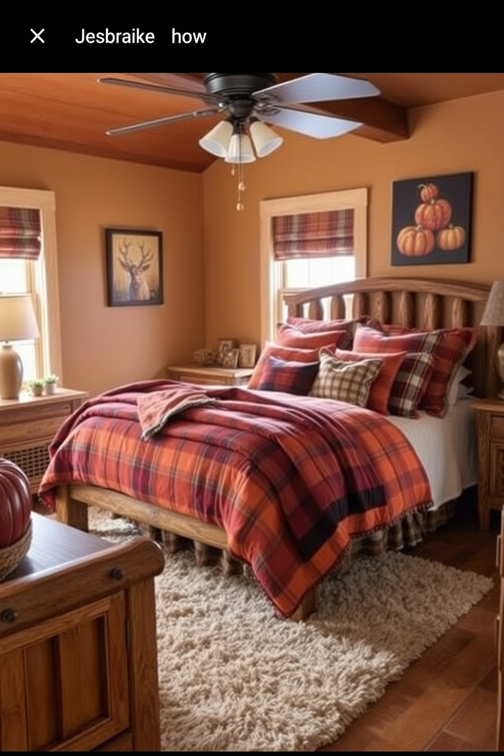 A cozy fall bedroom featuring a warm color palette with rich oranges and deep browns. The bedding showcases plaid patterns in various shades, layered with soft throw blankets for added texture. Rustic wooden furniture complements the seasonal theme, with a sturdy bed frame and matching nightstands. A plush area rug lies beneath the bed, adding warmth and comfort to the space.