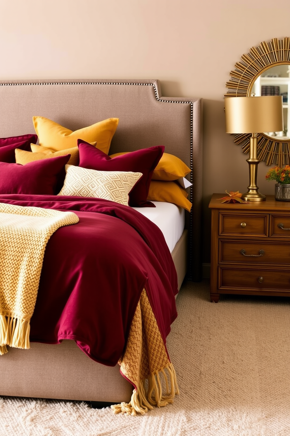 A cozy fall bedroom featuring a plush king-sized bed dressed in rich burgundy and mustard yellow linens. Metallic accents in the form of a brushed gold bedside lamp and a decorative mirror add warmth and elegance to the space. The walls are painted a soft taupe, complementing the warm wood tones of the furniture. A knitted throw blanket drapes over the foot of the bed, and a small arrangement of autumn leaves sits on the nightstand for seasonal charm.