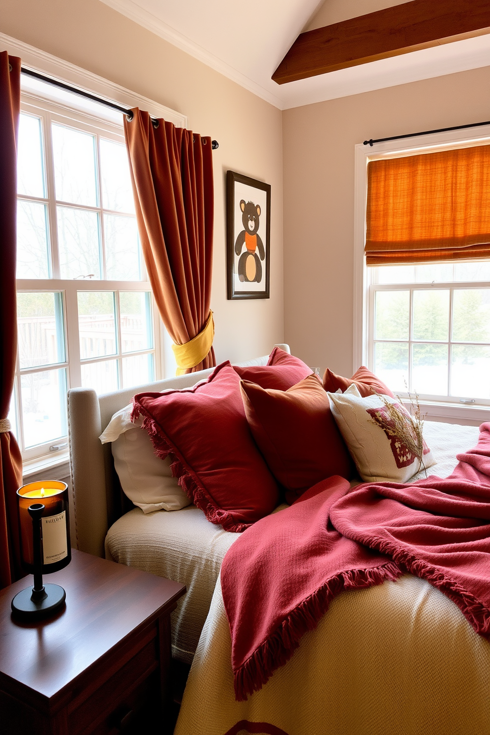 A cozy fall bedroom setting. The windows are adorned with rich, warm-toned curtains that complement the autumn color palette. A plush bed is dressed in layered blankets and decorative pillows in shades of rust and mustard. A wooden nightstand holds a pumpkin spice candle and a small vase of dried flowers.