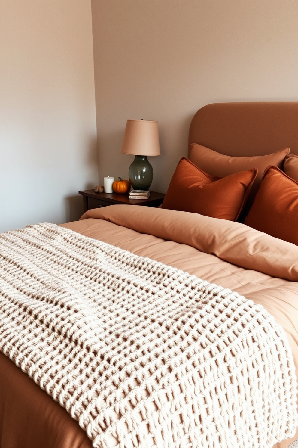 A cozy fall bedroom setting with a plush bed dressed in warm, earthy tones. At the foot of the bed, a chunky knit blanket adds texture and warmth, inviting relaxation. The walls are adorned with soft, neutral colors, creating a serene atmosphere. A bedside table holds a small pumpkin and a candle, enhancing the seasonal decor.