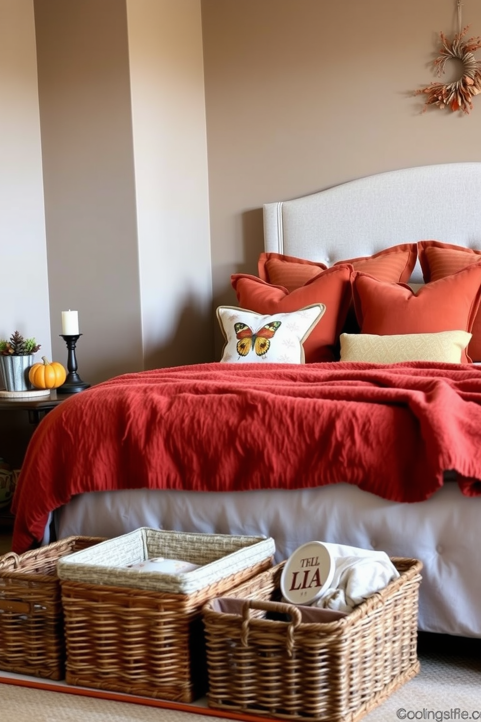 A cozy fall bedroom setting featuring a plush bed adorned with warm-toned blankets and decorative pillows. Decorative baskets are placed at the foot of the bed for storage, adding both functionality and a touch of rustic charm. The walls are painted in a soft taupe color, complementing the rich hues of autumn. A bedside table holds a small pumpkin and a candle, creating a warm and inviting atmosphere.