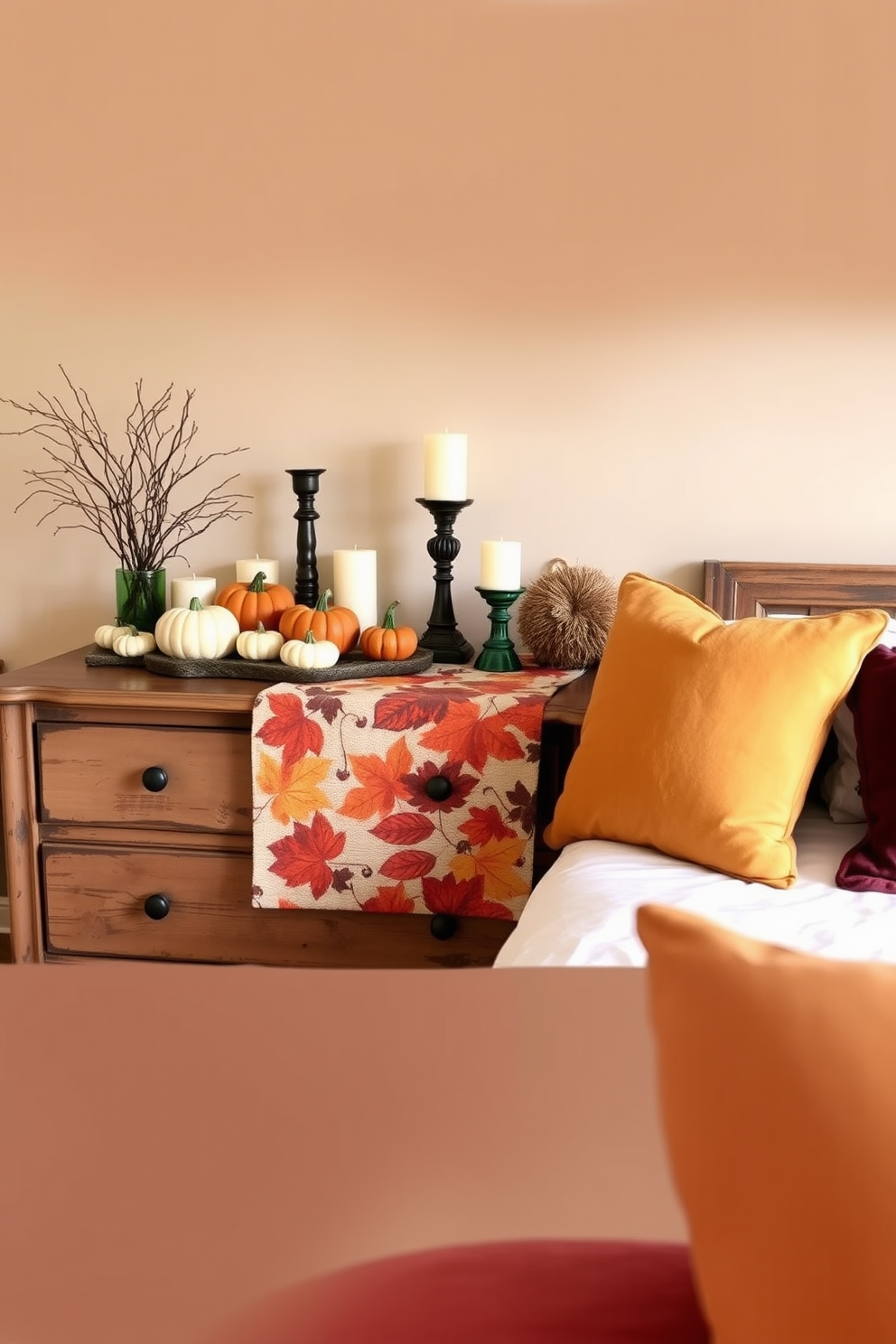 A rustic dresser adorned with a fall-inspired table runner featuring warm hues of orange, red, and yellow. On top of the dresser, a collection of small pumpkins and candles in various sizes create a cozy autumn ambiance. The walls are painted in a soft beige, complementing the rich colors of the decor. Plush throw pillows in deep burgundy and mustard yellow are scattered on the bed, enhancing the seasonal theme.